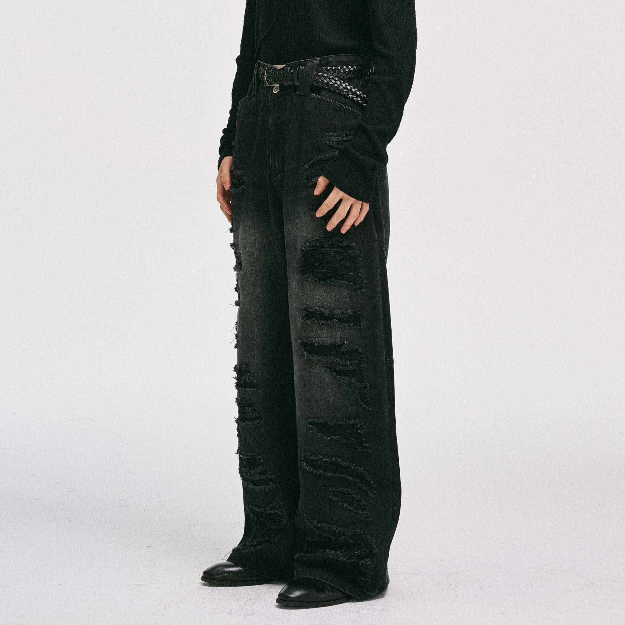 CATSSTAC Ripped Washed Faux-Leather Panel Wide-Leg Jeans, premium urban and streetwear designers apparel on PROJECTISR.com, CATSSTAC