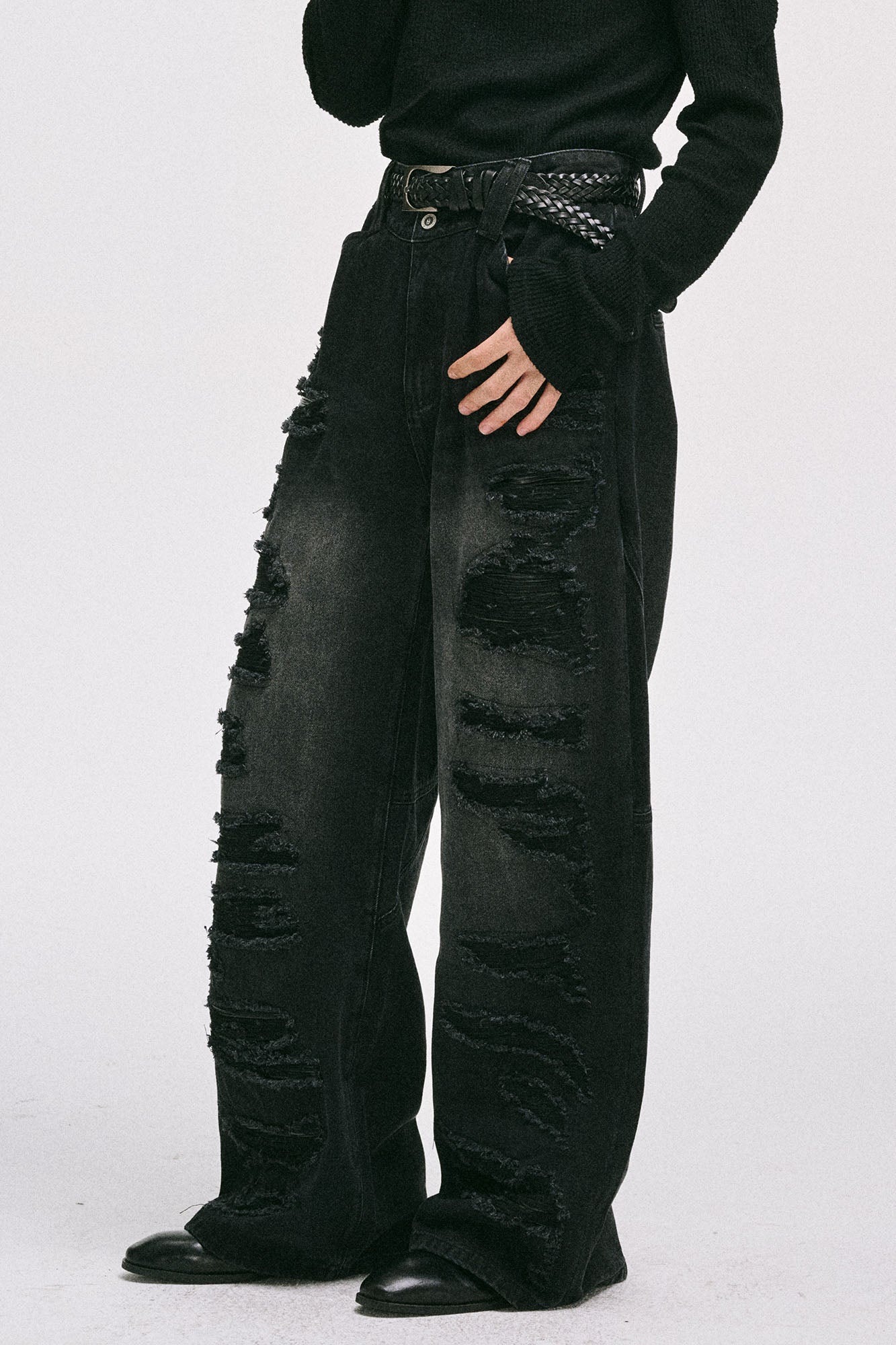 CATSSTAC Ripped Washed Faux-Leather Panel Wide-Leg Jeans, premium urban and streetwear designers apparel on PROJECTISR.com, CATSSTAC