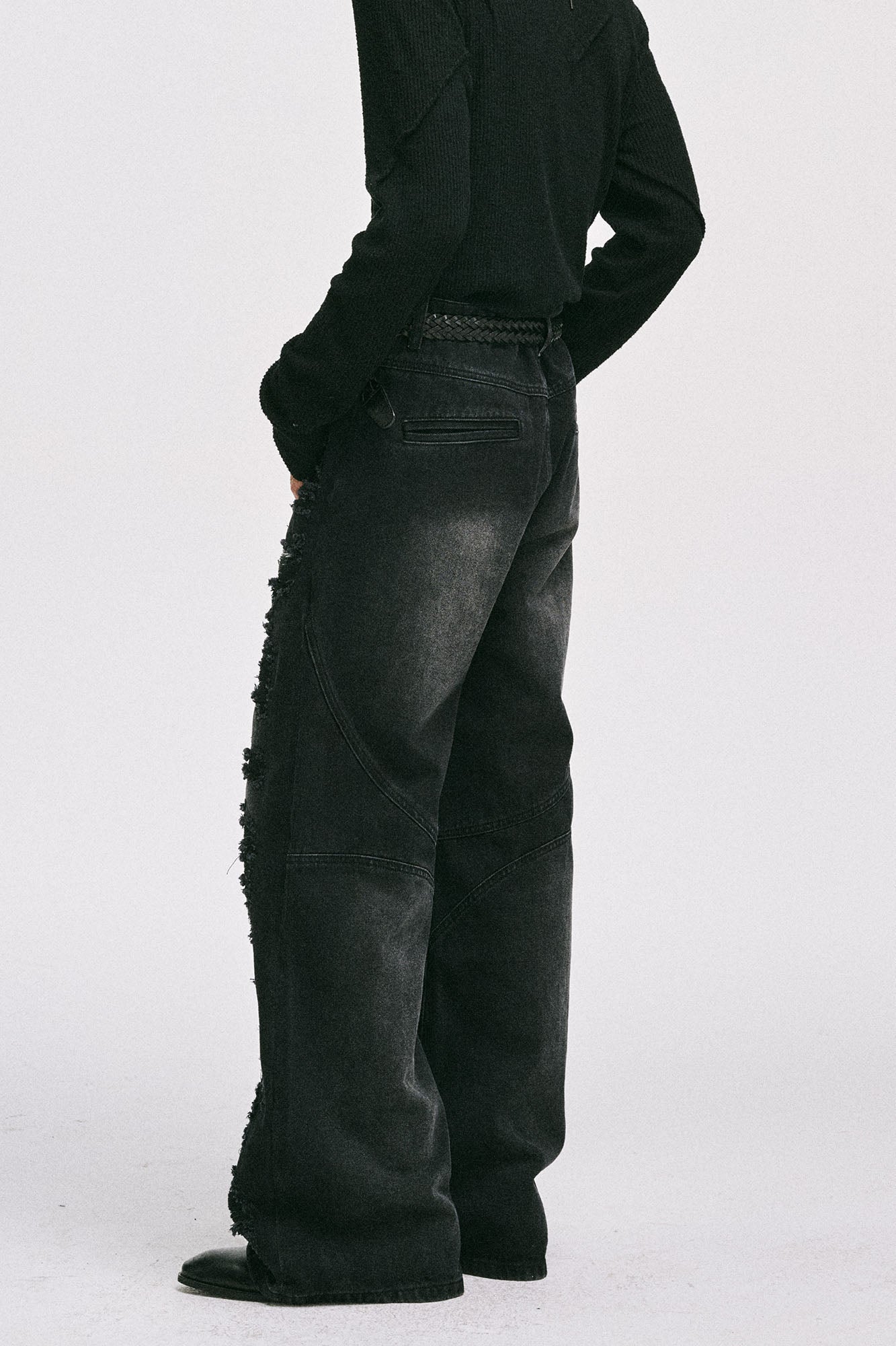 CATSSTAC Ripped Washed Faux-Leather Panel Wide-Leg Jeans, premium urban and streetwear designers apparel on PROJECTISR.com, CATSSTAC