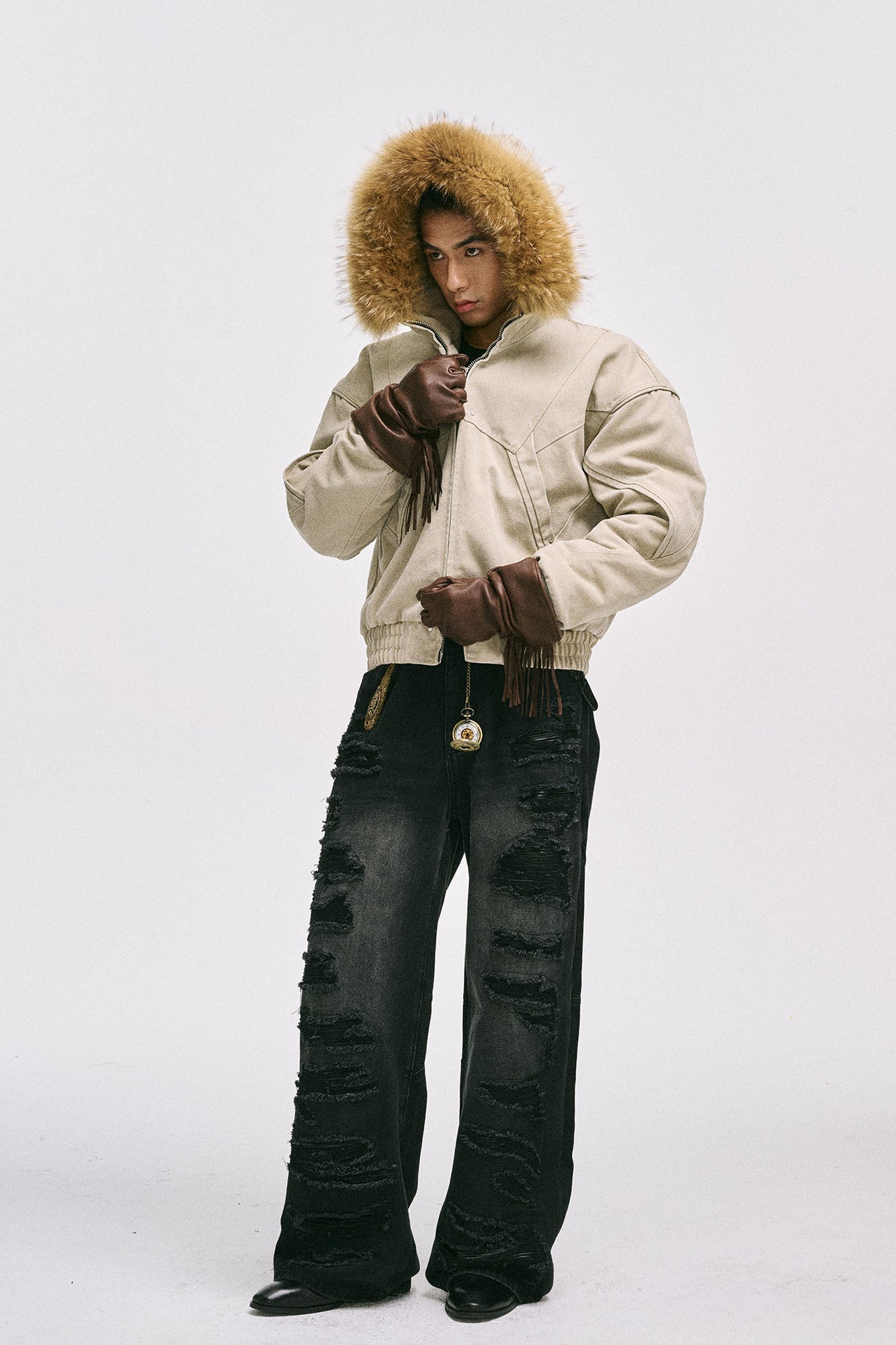 CATSSTAC Ripped Washed Faux-Leather Panel Wide-Leg Jeans, premium urban and streetwear designers apparel on PROJECTISR.com, CATSSTAC