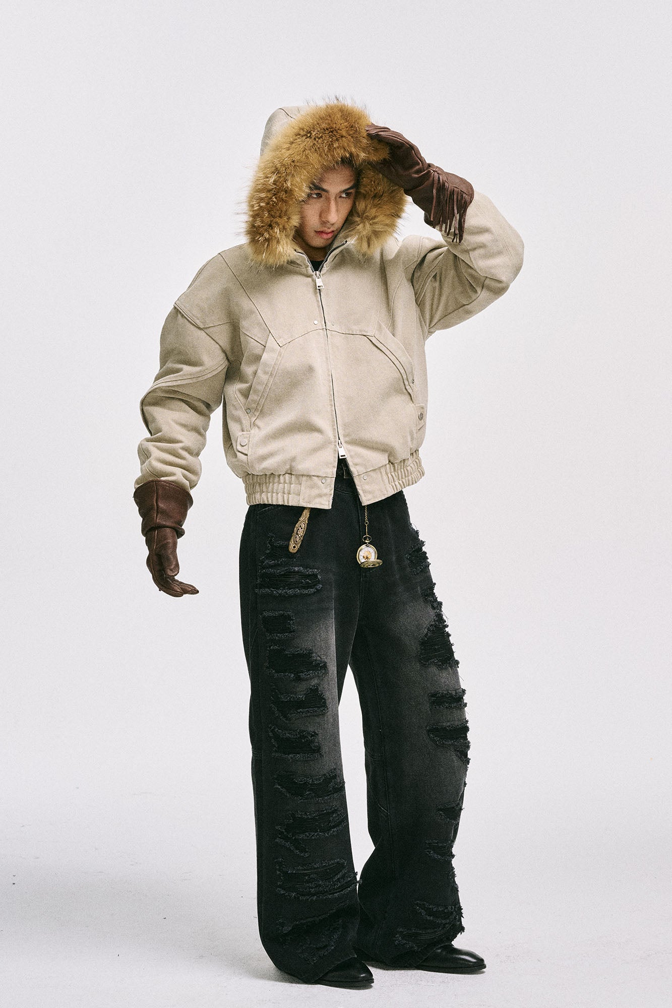 CATSSTAC Ripped Washed Faux-Leather Panel Wide-Leg Jeans, premium urban and streetwear designers apparel on PROJECTISR.com, CATSSTAC