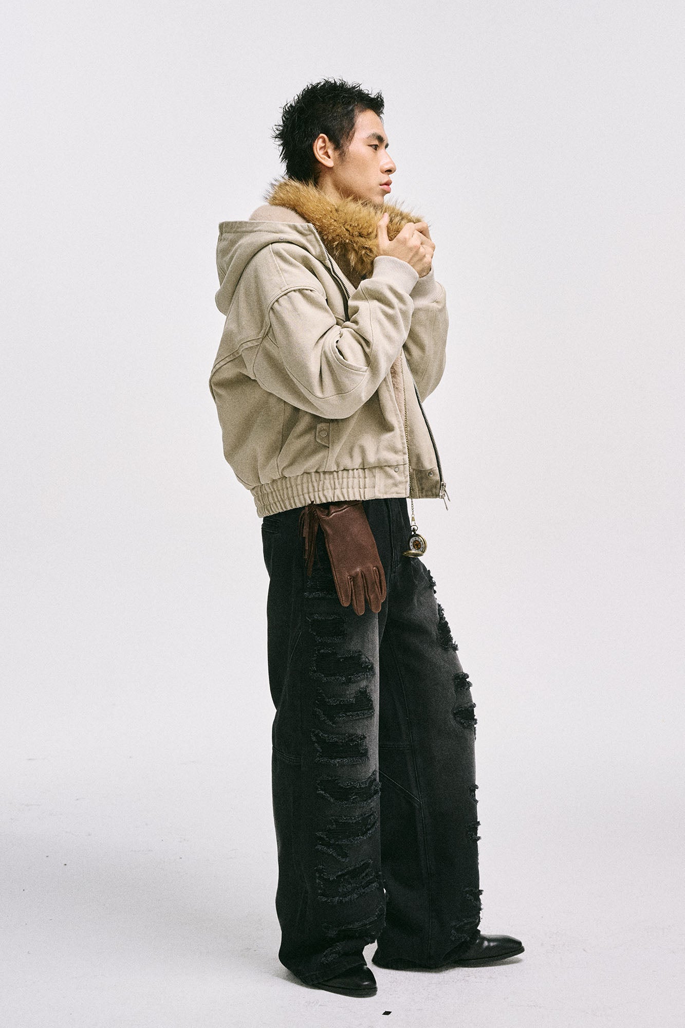 CATSSTAC Ripped Washed Faux-Leather Panel Wide-Leg Jeans, premium urban and streetwear designers apparel on PROJECTISR.com, CATSSTAC
