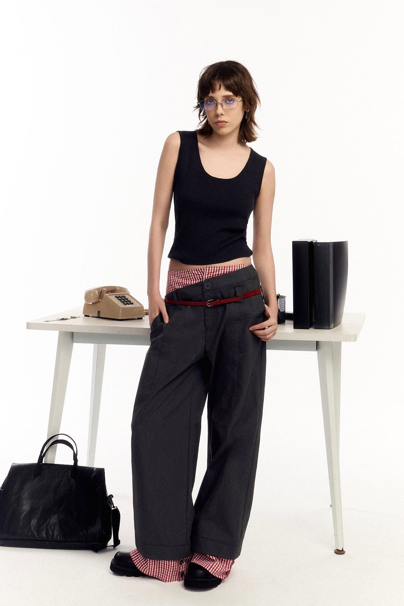 OIPWORD Asymmetrical Waist Faux-Layered Wide-Leg Pants, premium urban and streetwear designers apparel on PROJECTISR.com, OIPWORD