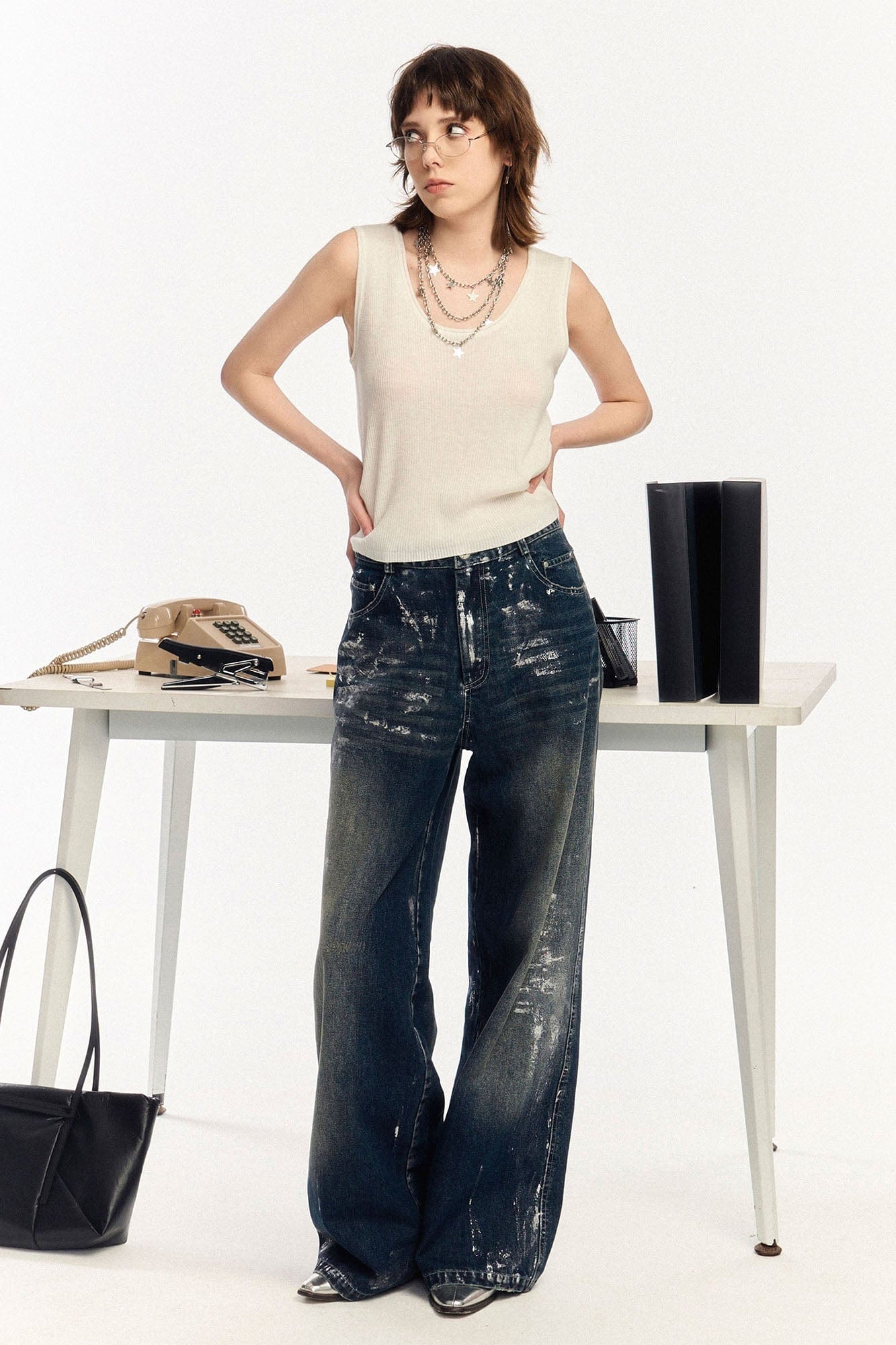 OIPWORD Silver-Brushed Distressed Wide-Leg Jeans, premium urban and streetwear designers apparel on PROJECTISR.com, OIPWORD