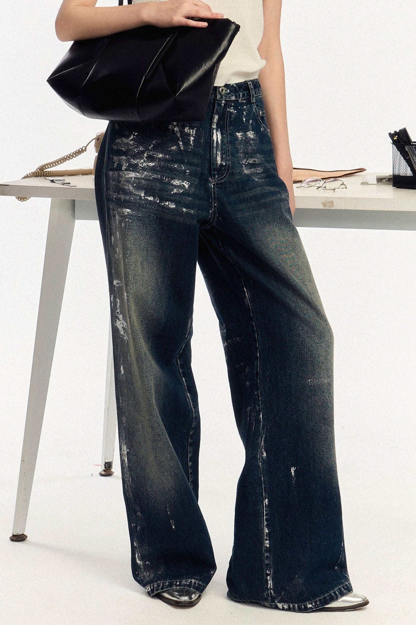 OIPWORD Silver-Brushed Distressed Wide-Leg Jeans, premium urban and streetwear designers apparel on PROJECTISR.com, OIPWORD