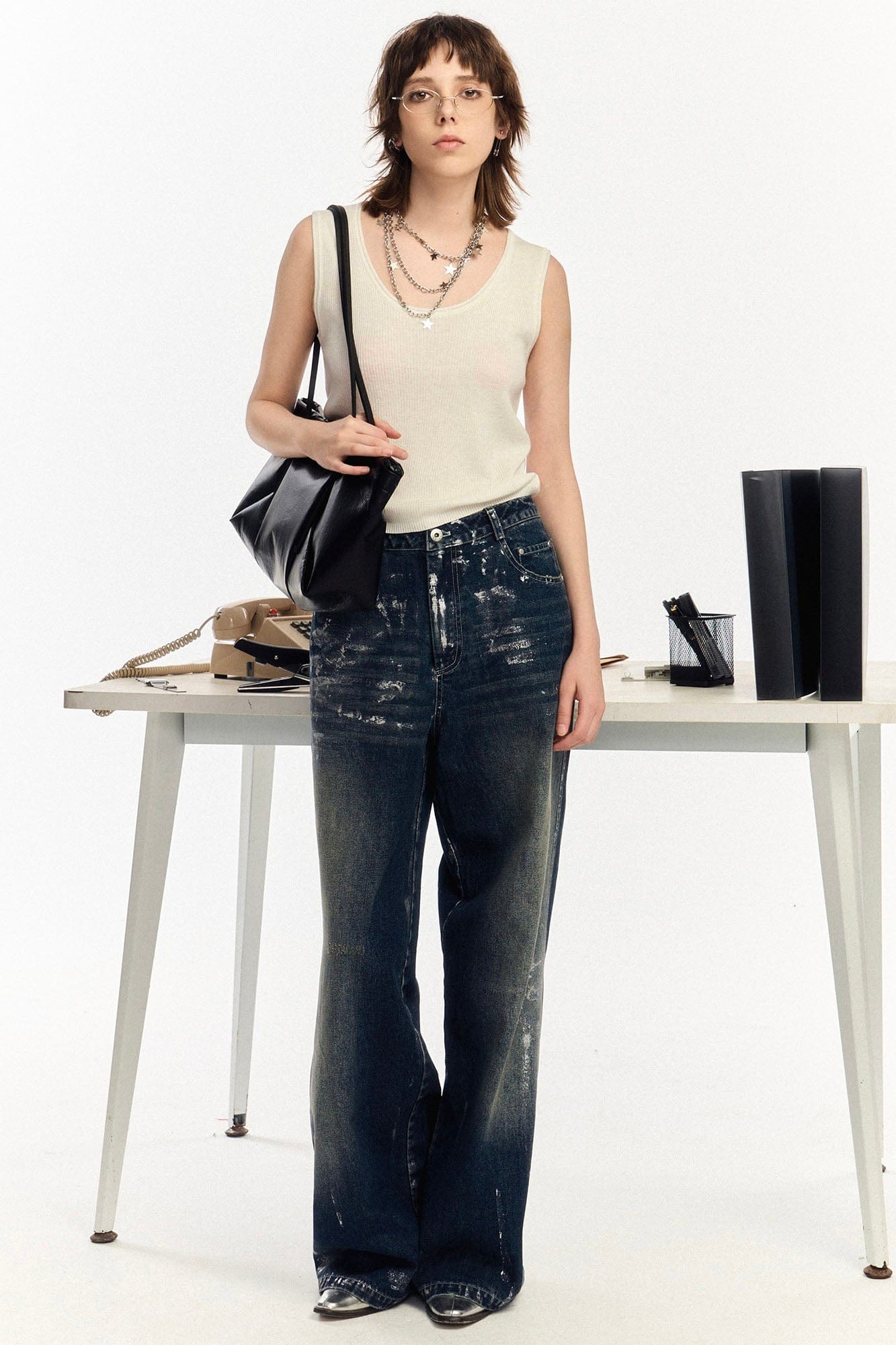 OIPWORD Silver-Brushed Distressed Wide-Leg Jeans, premium urban and streetwear designers apparel on PROJECTISR.com, OIPWORD