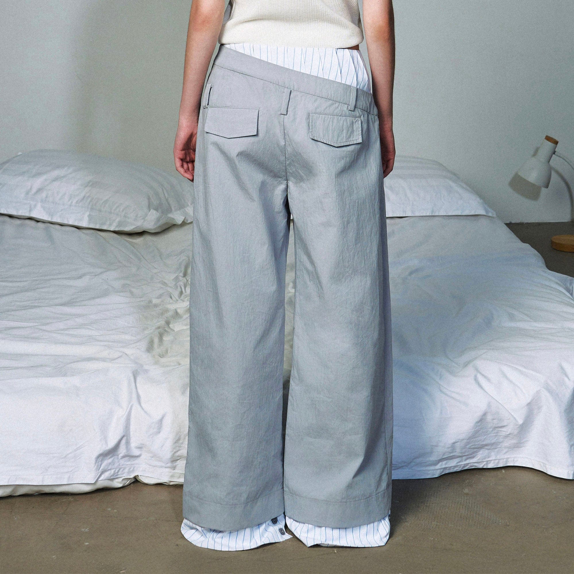 OIPWORD Asymmetrical Waist Faux-Layered Wide-Leg Pants, premium urban and streetwear designers apparel on PROJECTISR.com, OIPWORD