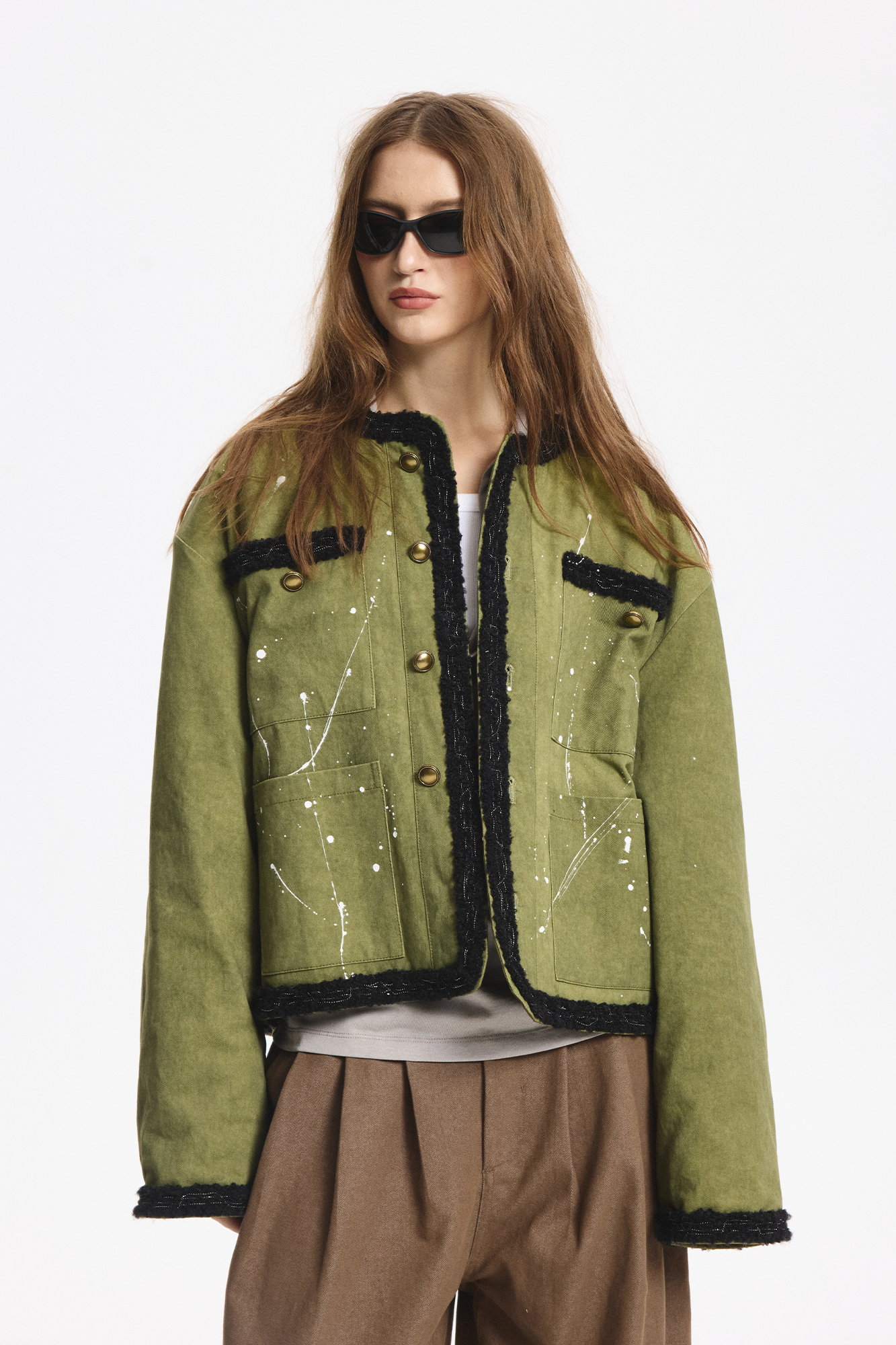 LEONSENSE Paneled Fleece Trim Paint-Splattered Jacket, premium urban and streetwear designers apparel on PROJECTISR.com, LEONSENSE