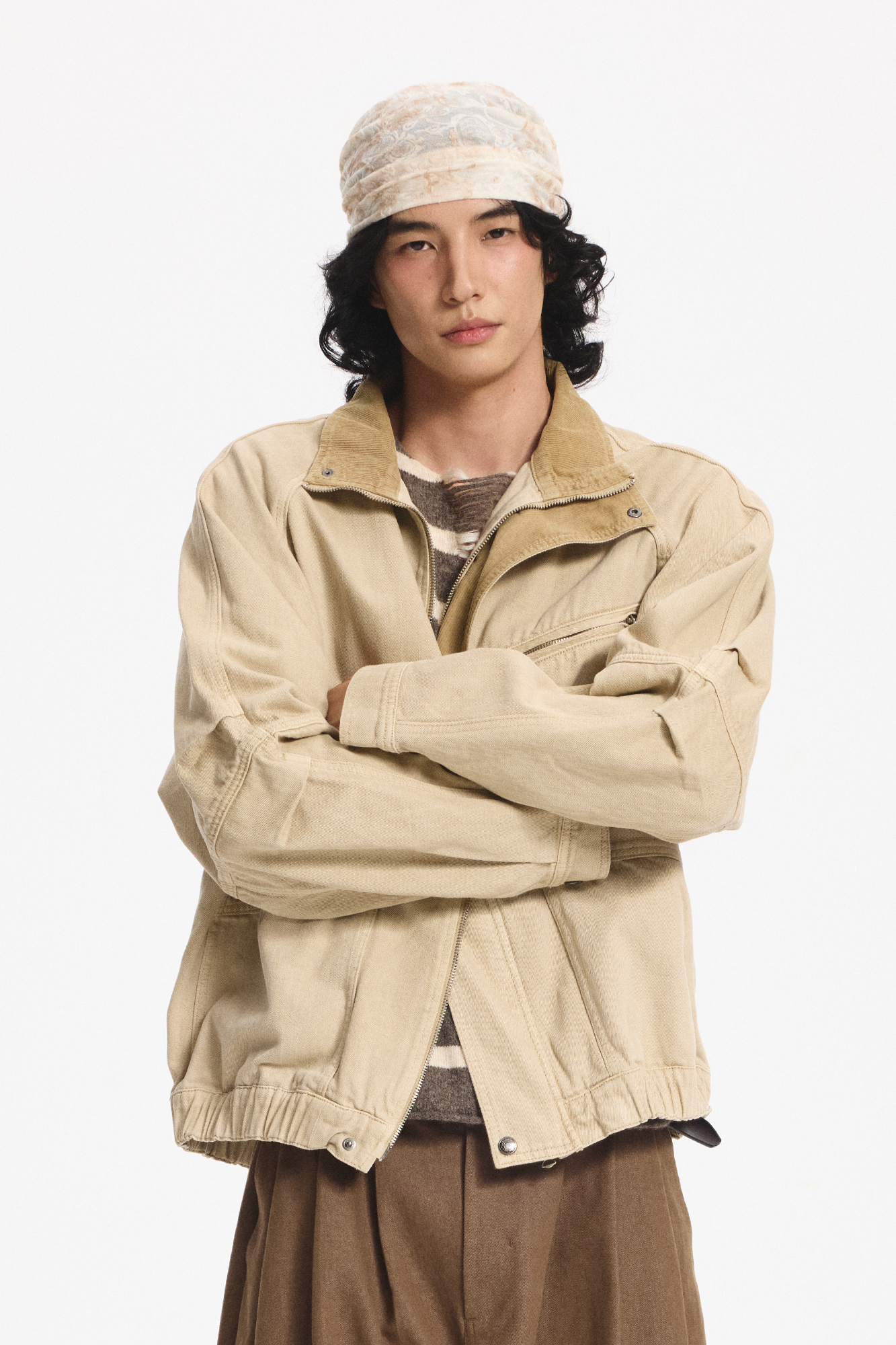 LEONSENSE Utility Raglan Stand-Collar Denim Jacket, premium urban and streetwear designers apparel on PROJECTISR.com, LEONSENSE