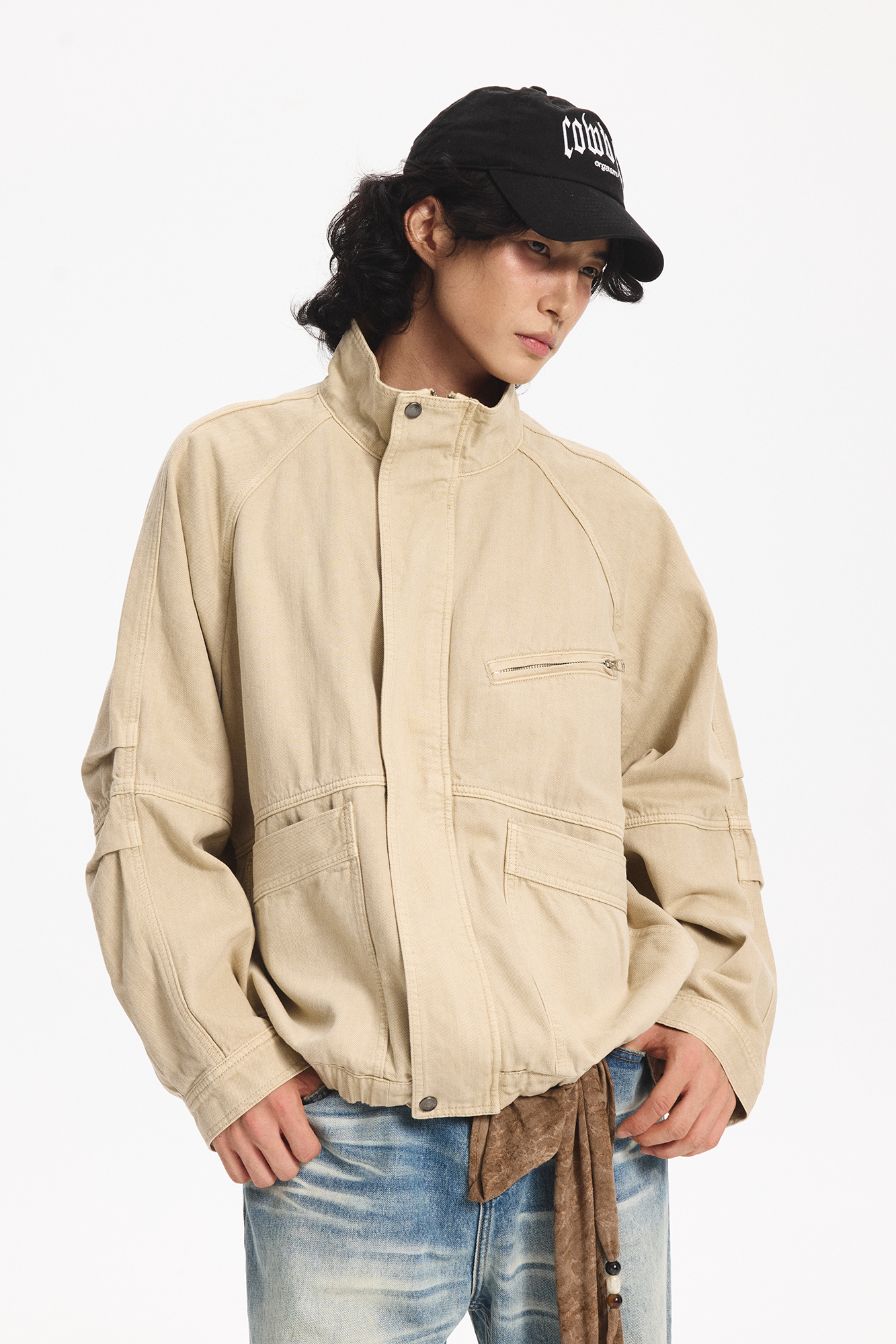 LEONSENSE Utility Raglan Stand-Collar Denim Jacket, premium urban and streetwear designers apparel on PROJECTISR.com, LEONSENSE