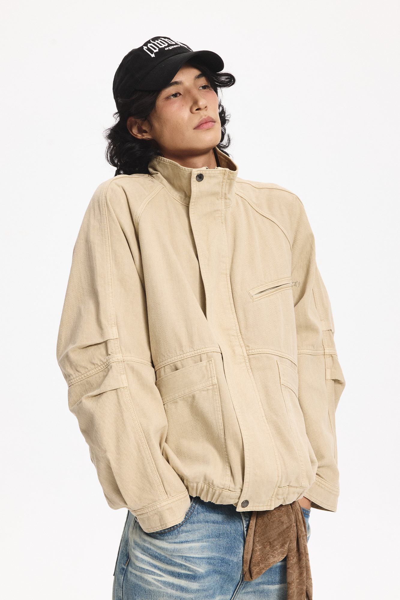 LEONSENSE Utility Raglan Stand-Collar Denim Jacket, premium urban and streetwear designers apparel on PROJECTISR.com, LEONSENSE