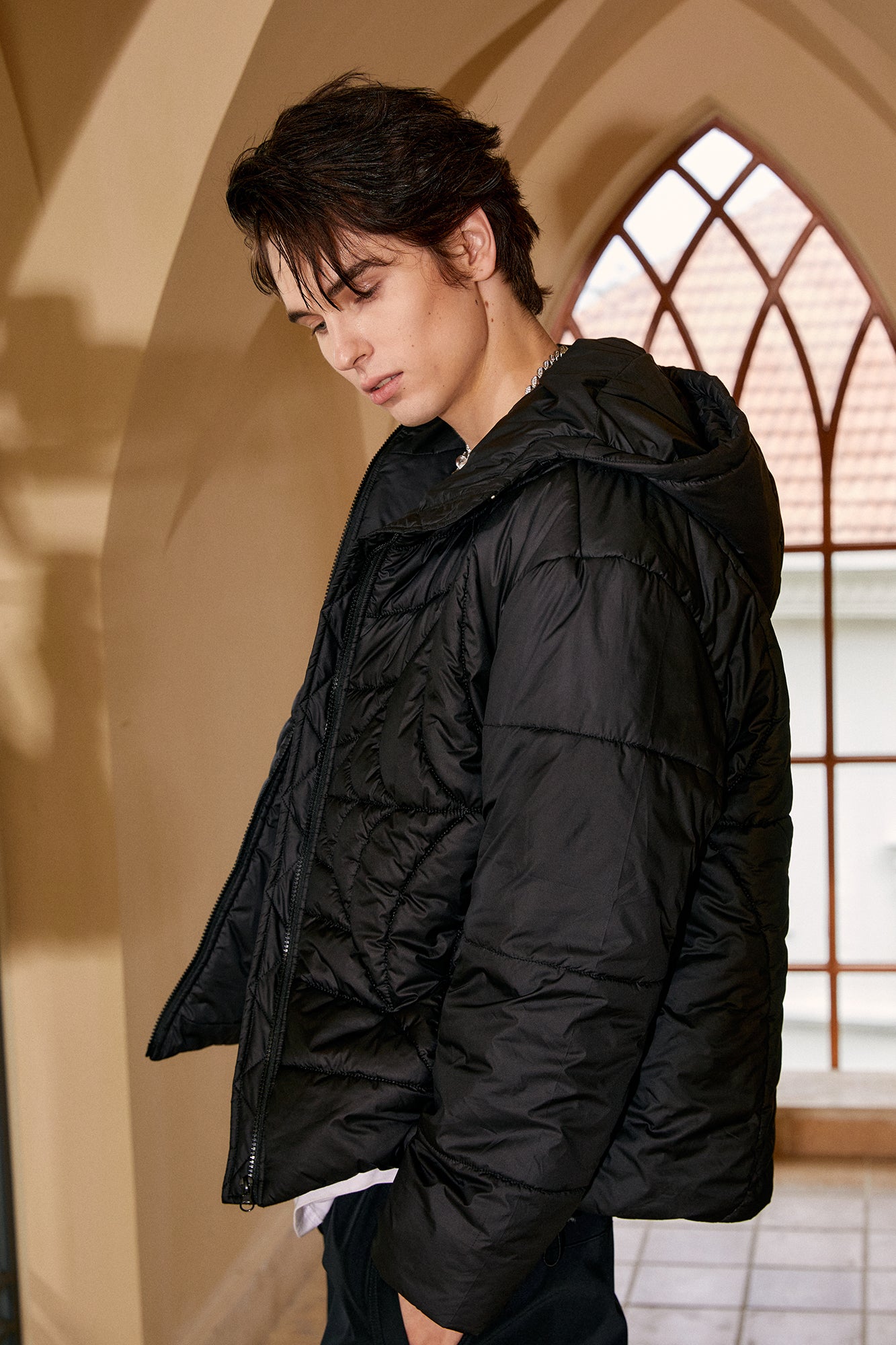 DONSMOKE Spider Web Quilt Hooded Puffer Jacket