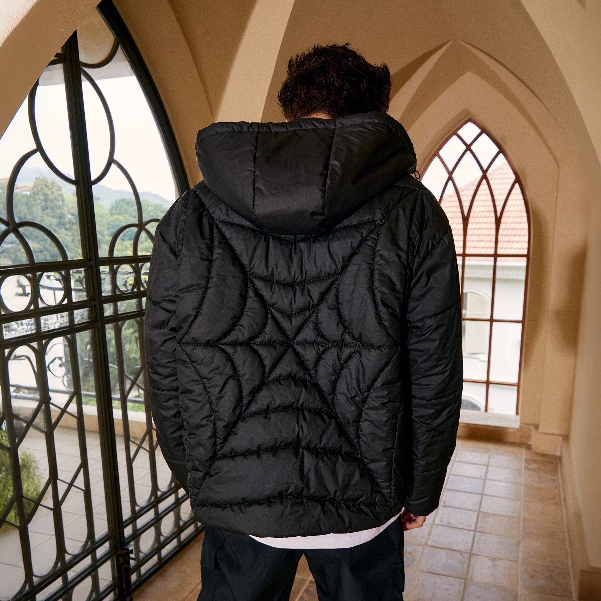 DONSMOKE Spider Web Quilt Hooded Puffer Jacket