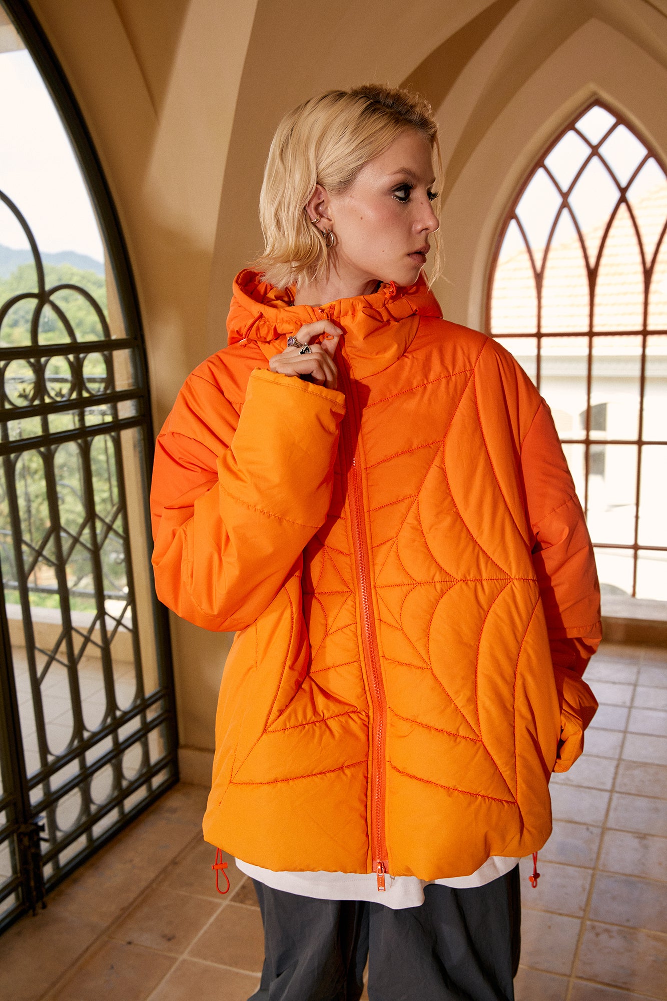 DONSMOKE Spider Web Quilt Hooded Puffer Jacket