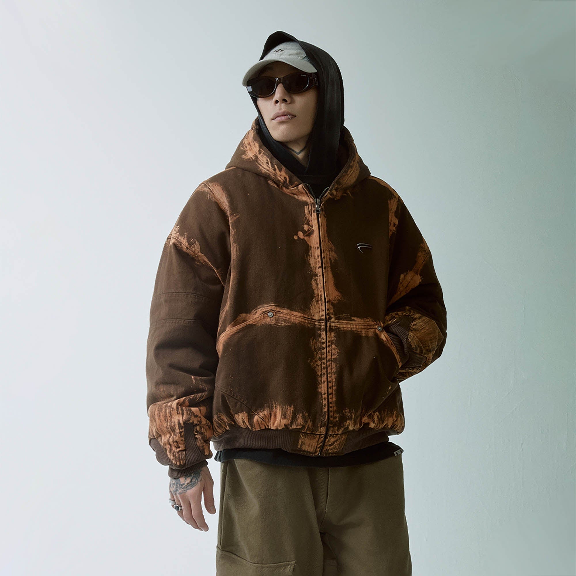 F2CE Brushed Stitch Distressed Hooded Cotton-Padded Jacket, premium urban and streetwear designers apparel on PROJECTISR.com, F2CE