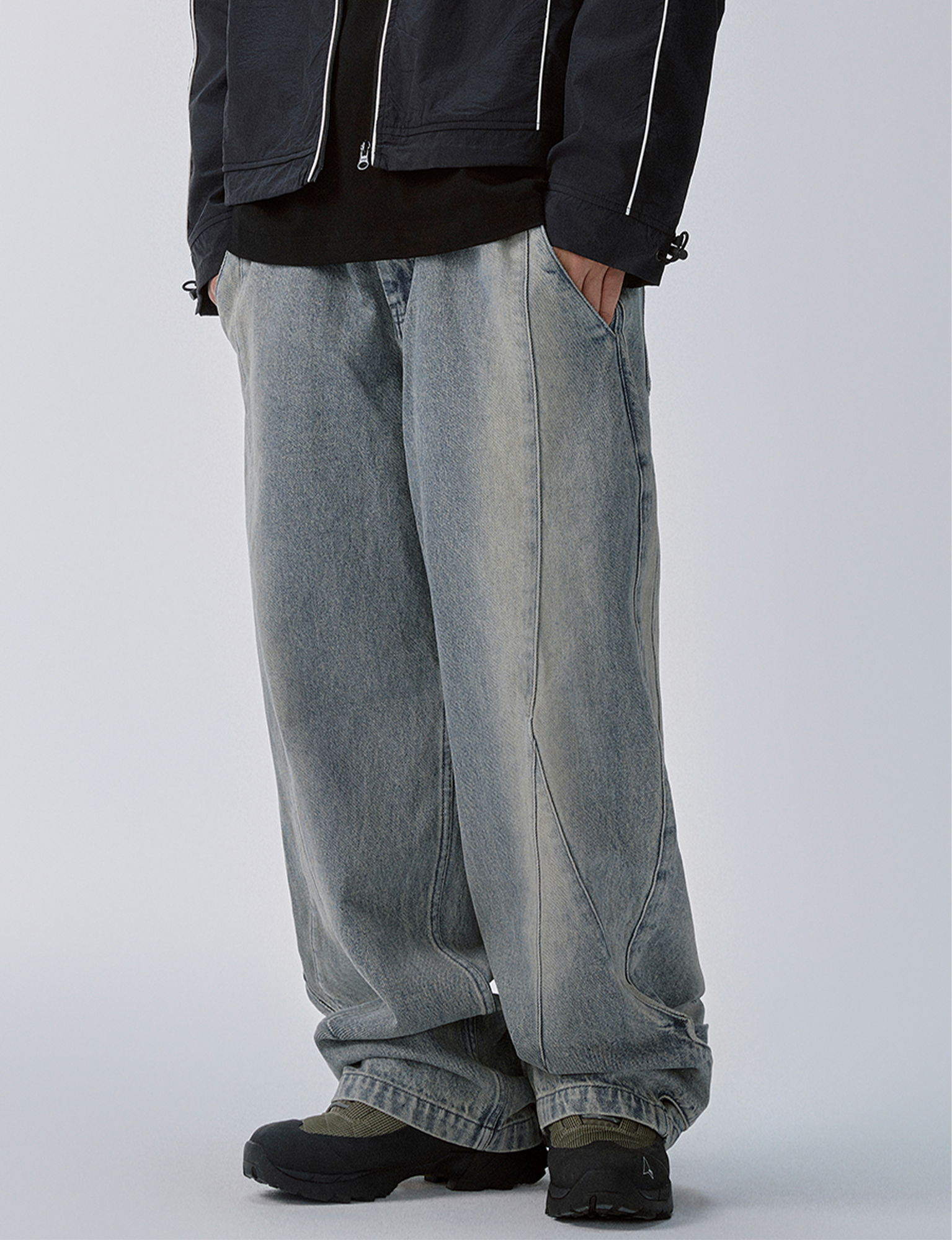 F2CE Washed Panel Adjustable-Hem Denim Pants, premium urban and streetwear designers apparel on PROJECTISR.com, F2CE