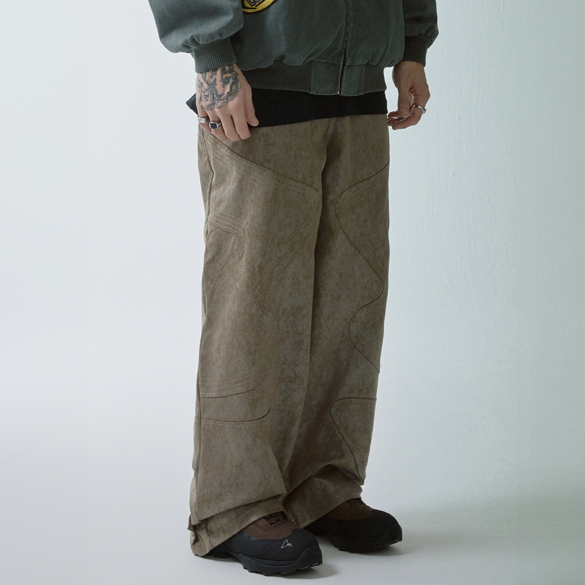 F2CE Distressed Paneled Waxed Pants, premium urban and streetwear designers apparel on PROJECTISR.com, F2CE