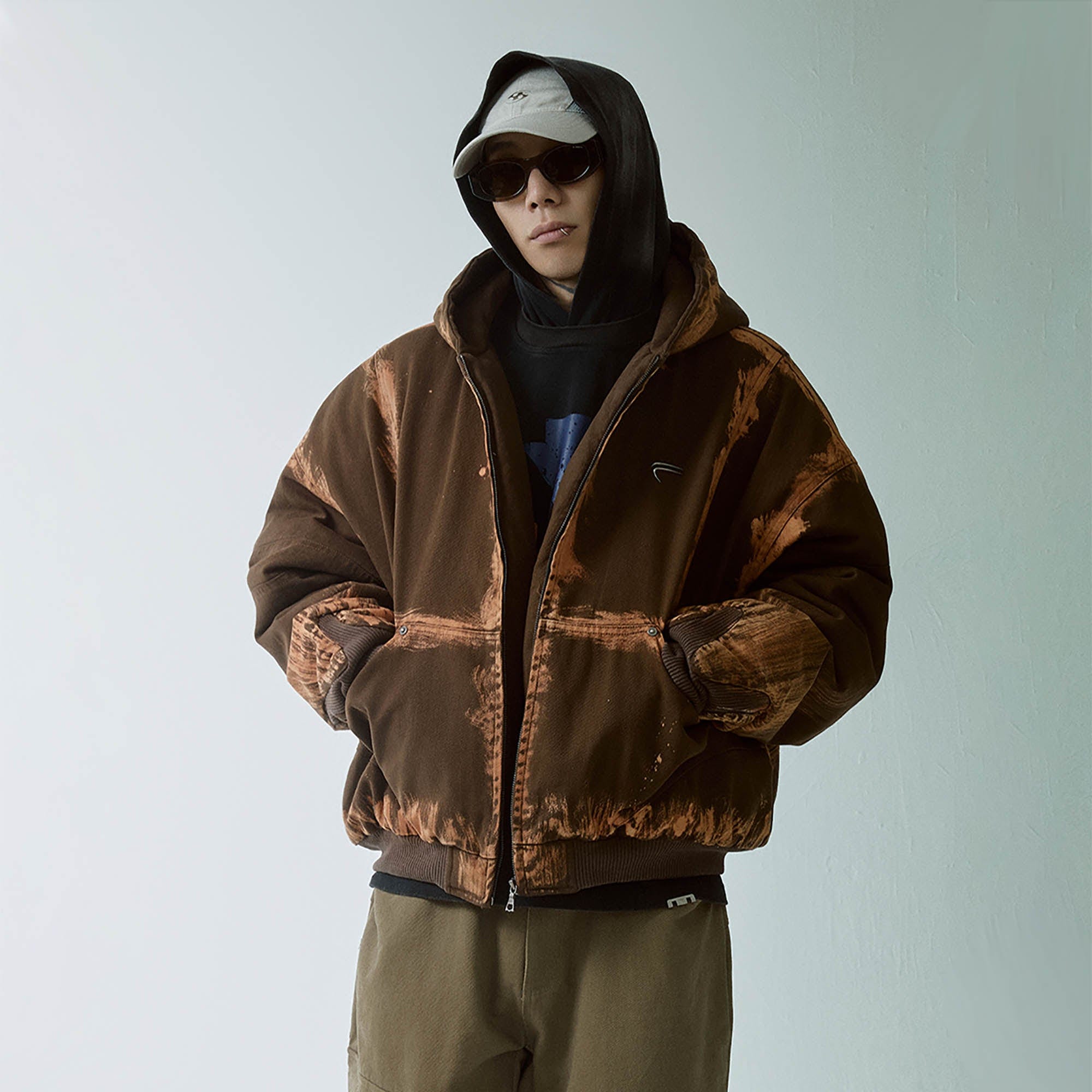 F2CE Brushed Stitch Distressed Hooded Cotton-Padded Jacket, premium urban and streetwear designers apparel on PROJECTISR.com, F2CE