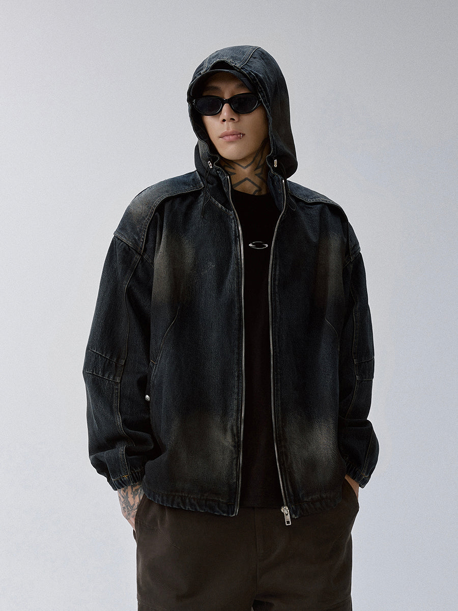 F2CE Washed Paneled Denim Hooded Jacket