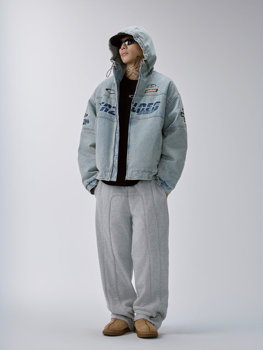 F2CE Washed Racing Patch Denim Hooded Puffer