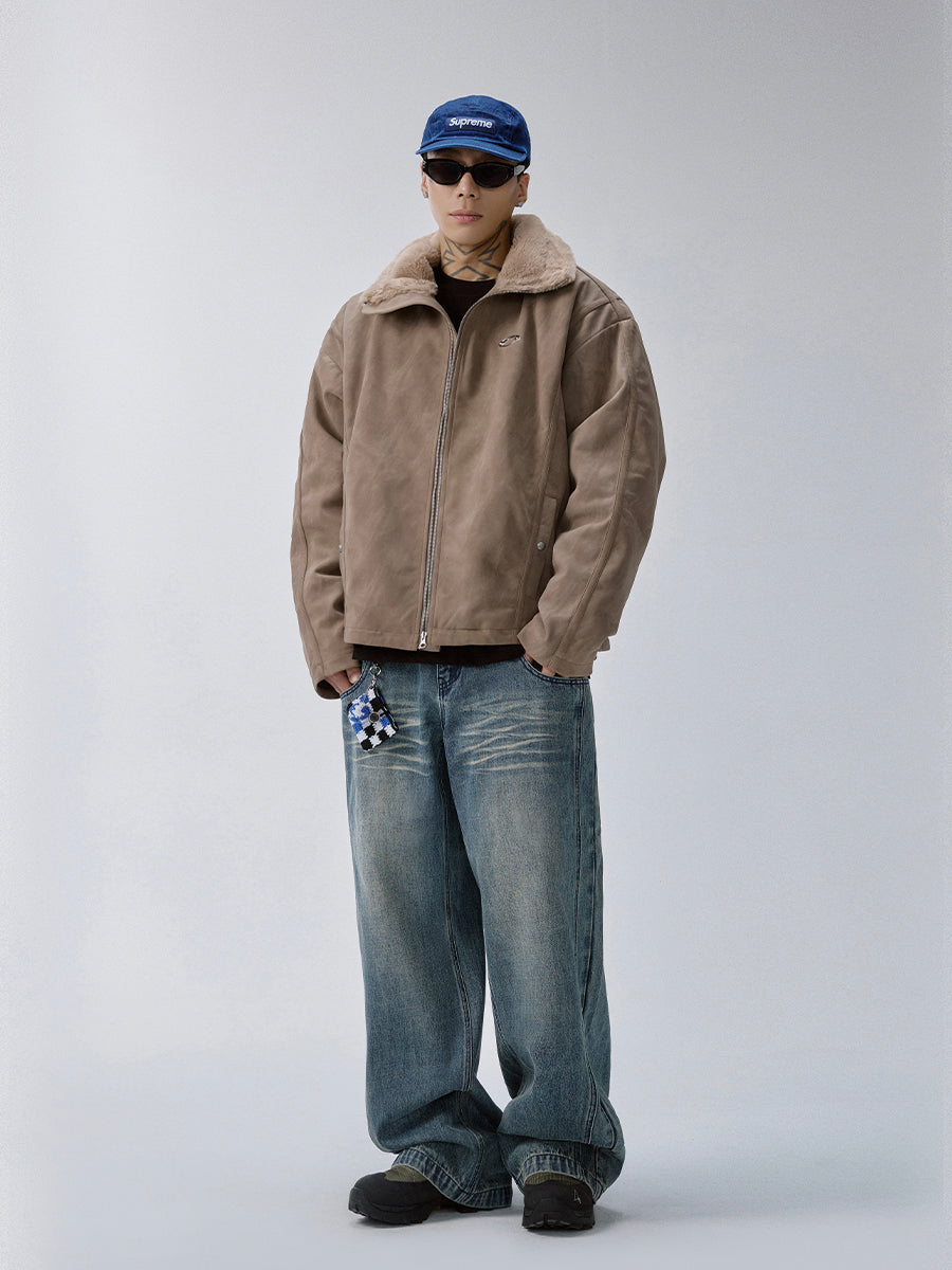 F2CE Aged Suede Faux Fur High-Collar Jacket