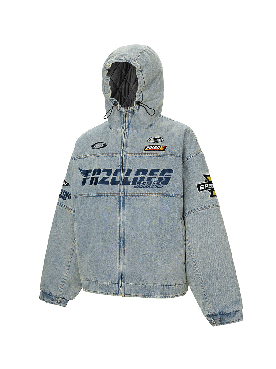 F2CE Washed Racing Patch Denim Hooded Puffer