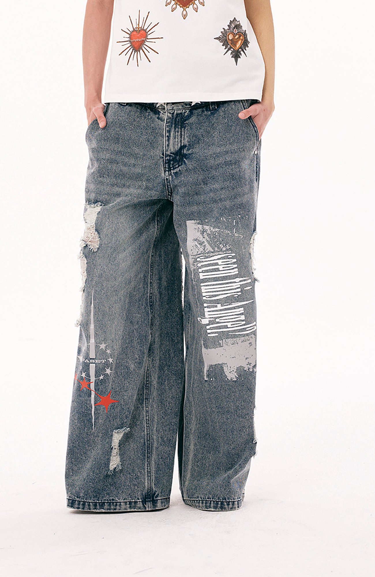PASET Double Waist Camo Panel Distressed Jeans