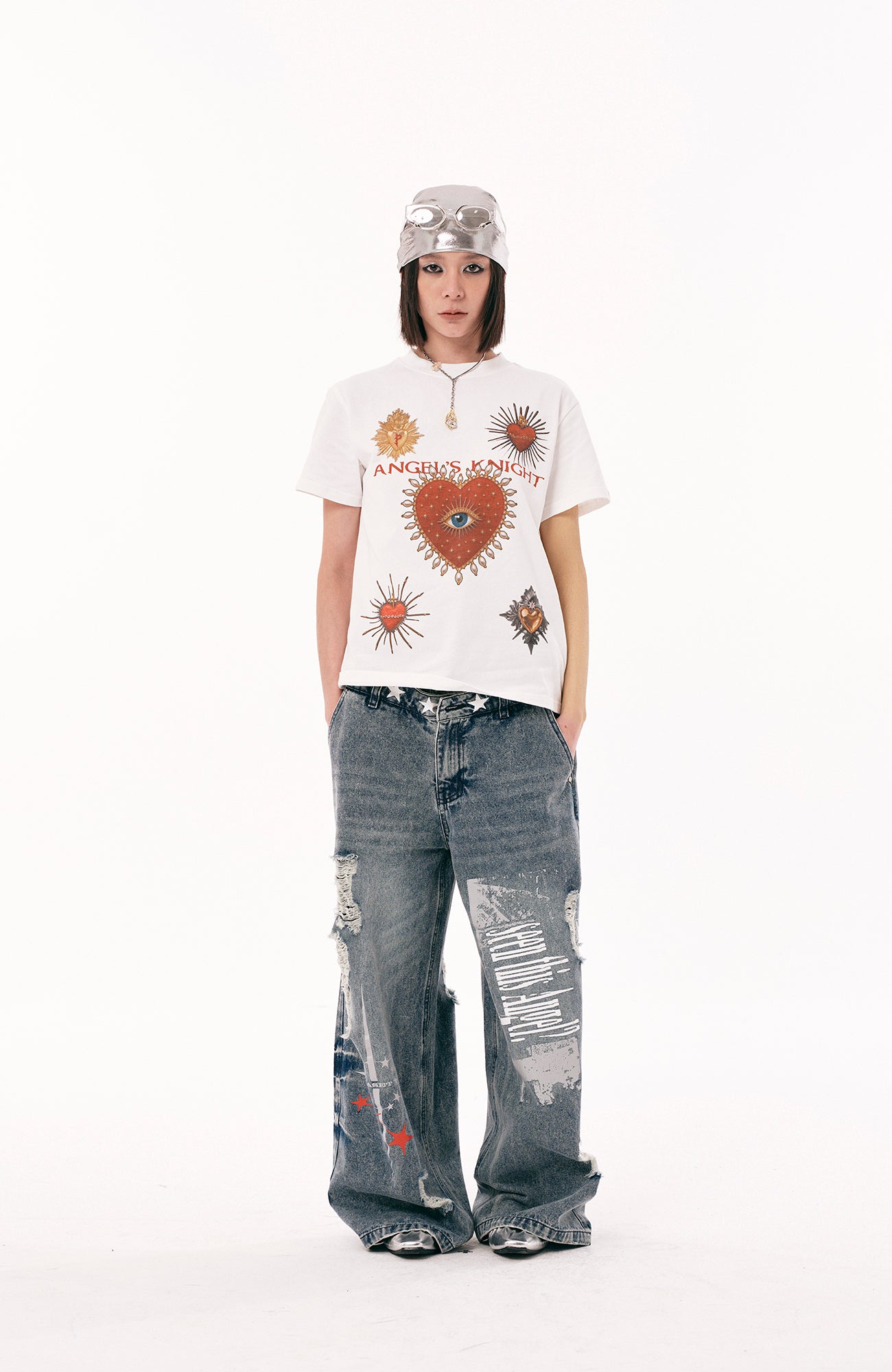 PASET Double Waist Camo Panel Distressed Jeans