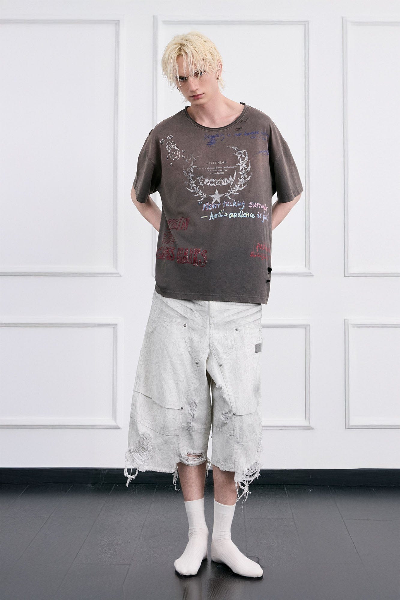 FACEONLAB Distressed Deconstructed Ripped Cargo Shorts, premium urban and streetwear designers apparel on PROJECTISR.com, FACEONLAB
