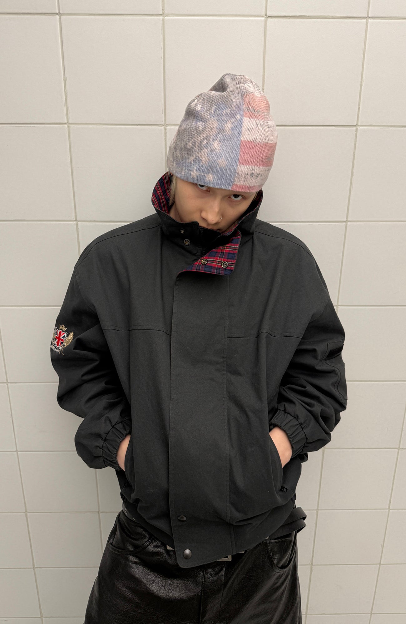 TRECLUB Retro Plaid-Lined Stand-Collar Jacket, premium urban and streetwear designers apparel on PROJECTISR.com, TRECLUB