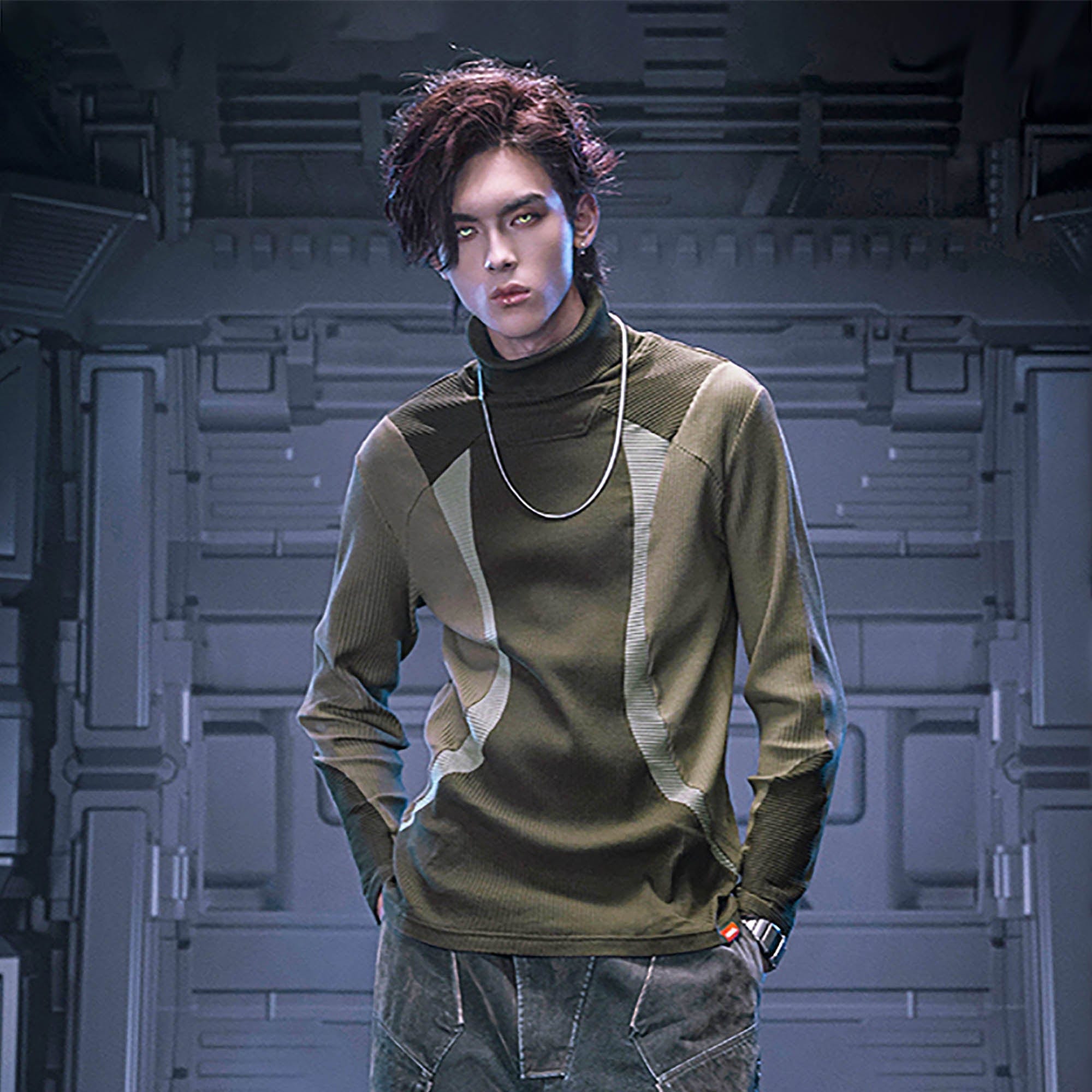 XIPHEVIL Ribbed Paneled Turtleneck Long-Sleeve Tee Green, premium urban and streetwear designers apparel on PROJECTISR.com, XIPHEVIL
