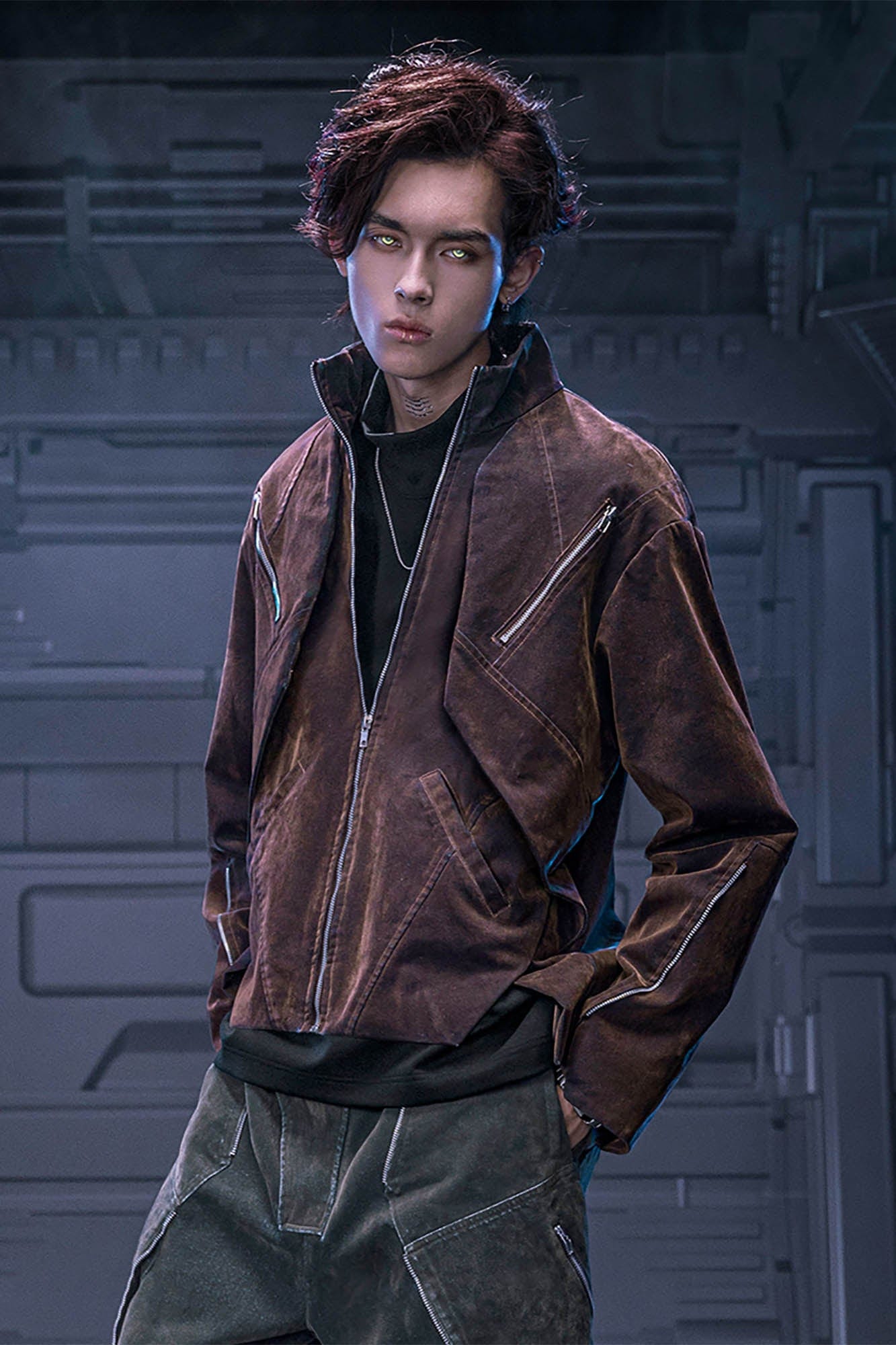 XIPHEVIL Mech Deconstructed Washed Denim Jacket Brown, premium urban and streetwear designers apparel on PROJECTISR.com, XIPHEVIL