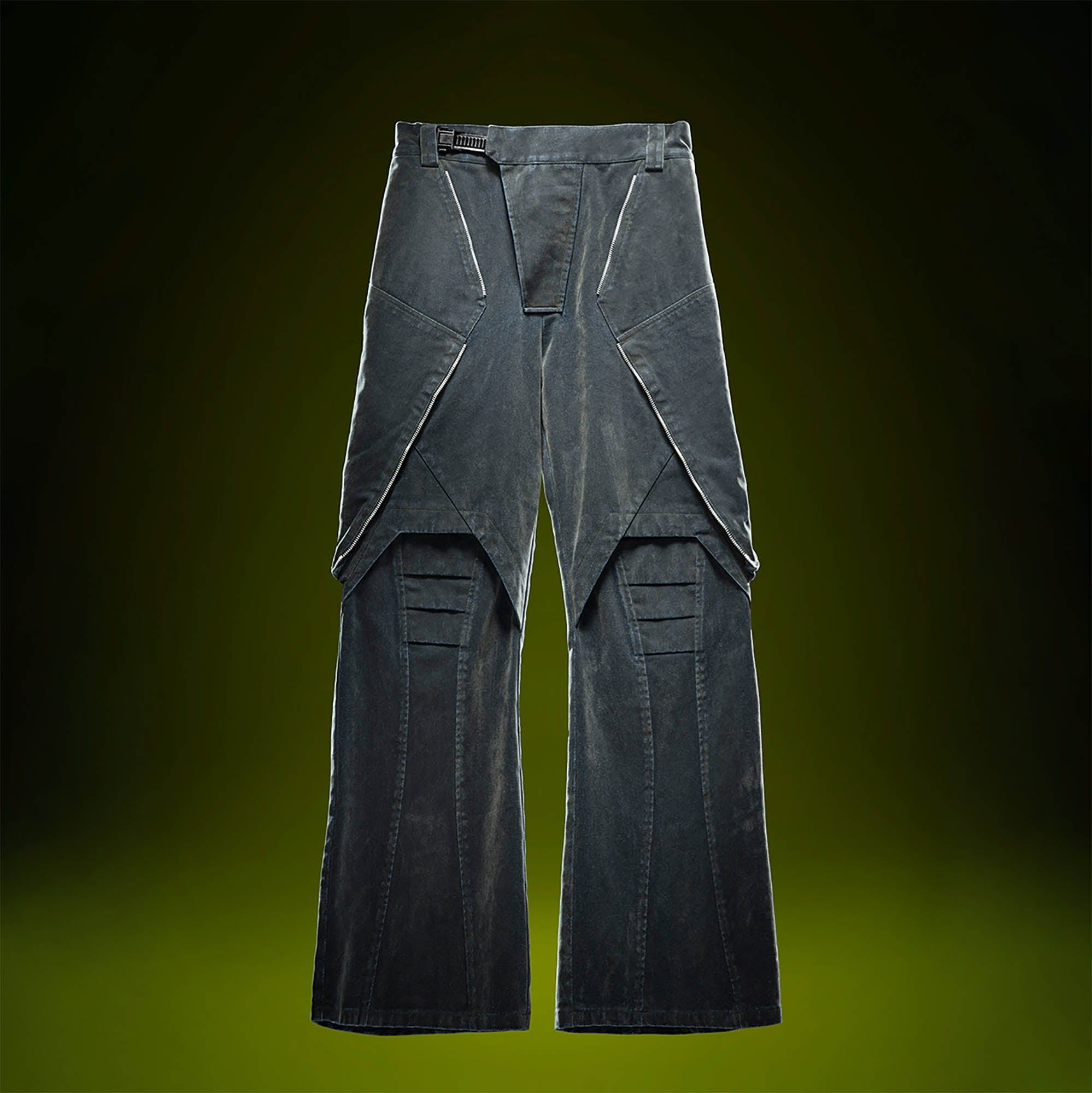 XIPHEVIL Layered Paneled Robotic Wide-Leg Pants, premium urban and streetwear designers apparel on PROJECTISR.com, XIPHEVIL