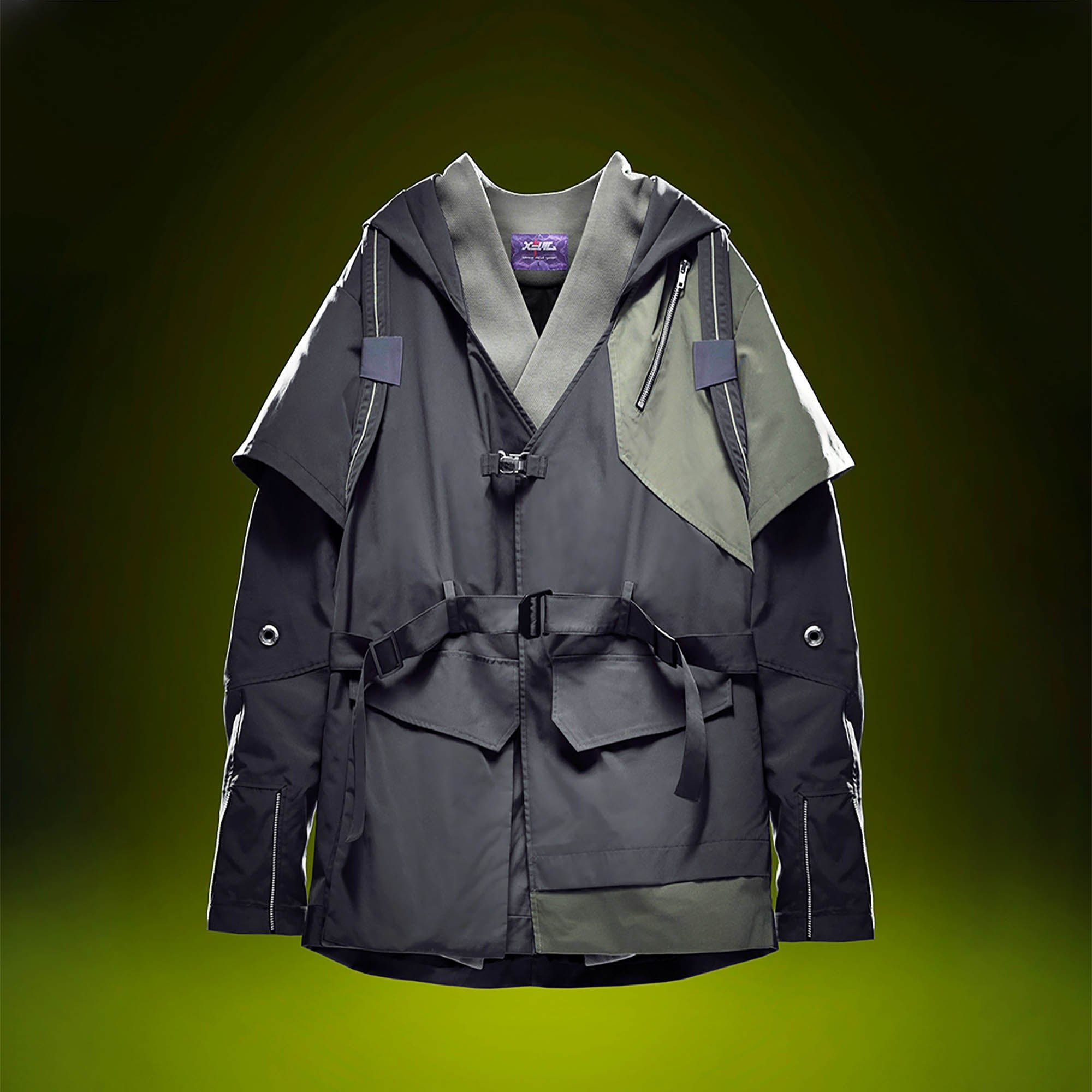 XIPHEVIL Layered Wrap-Front Hooded Trench Coat, premium urban and streetwear designers apparel on PROJECTISR.com, XIPHEVIL