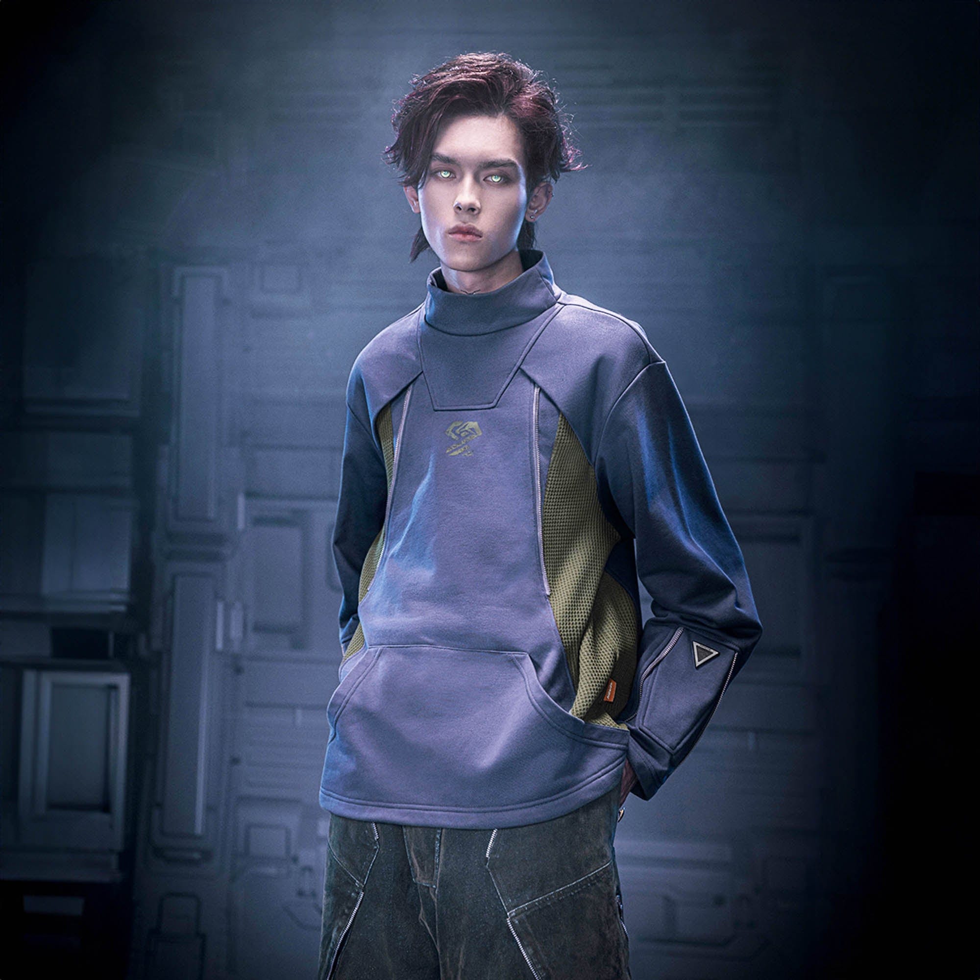 XIPHEVIL Mesh Paneled Tactical Turtleneck Sweatshirt Blue, premium urban and streetwear designers apparel on PROJECTISR.com, XIPHEVIL