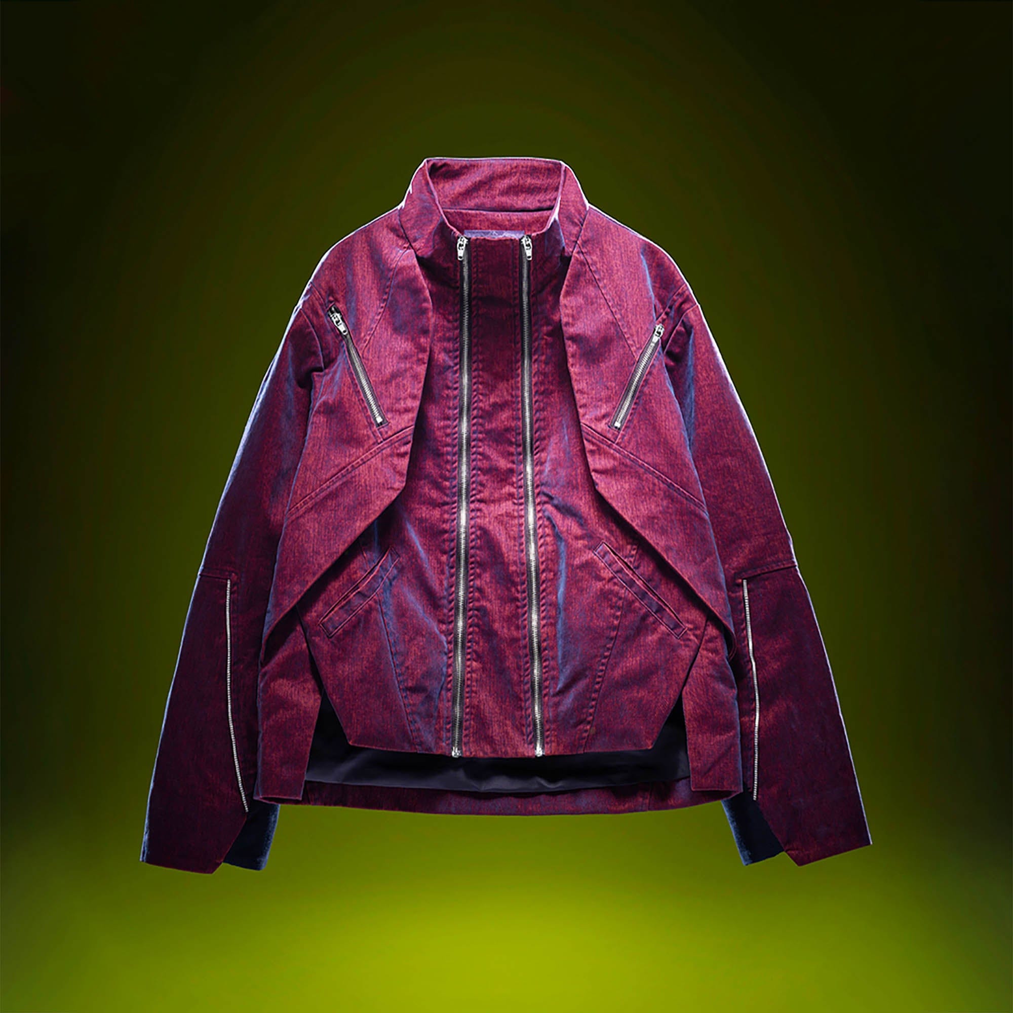 XIPHEVIL Mech Deconstructed Washed Denim Jacket Red, premium urban and streetwear designers apparel on PROJECTISR.com, XIPHEVIL