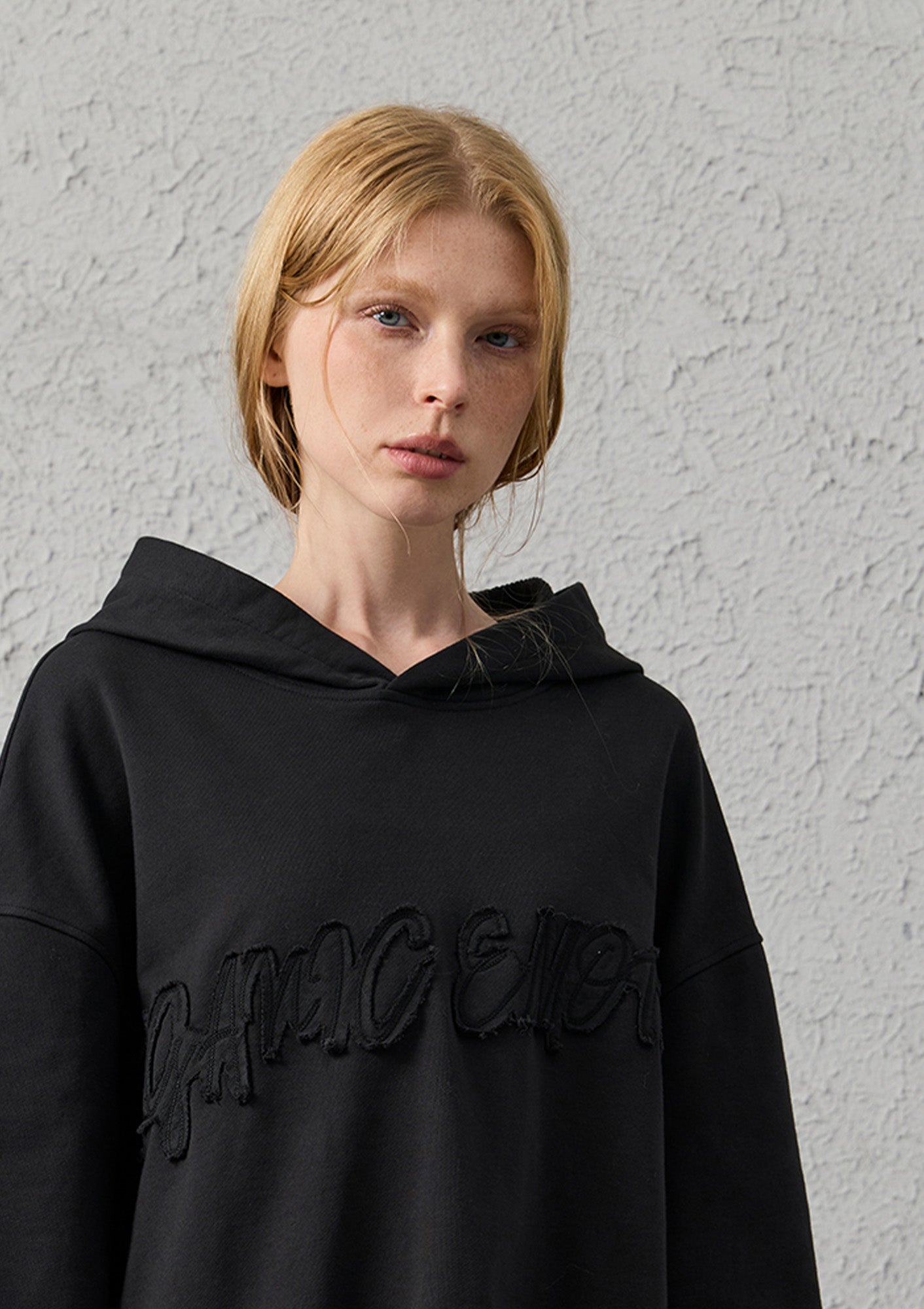 ORGANIC EMOTION Asymmetrical Hem LOGO Embroidered Hoodie, premium urban and streetwear designers apparel on PROJECTISR.com, ORGANIC EMOTION