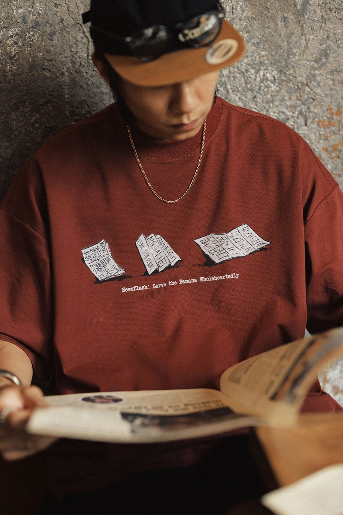 BANANA CLUB Newspaper Graphic Sorona Oversized T-Shirt, premium urban and streetwear designers apparel on PROJECTISR.com, BANANA CLUB