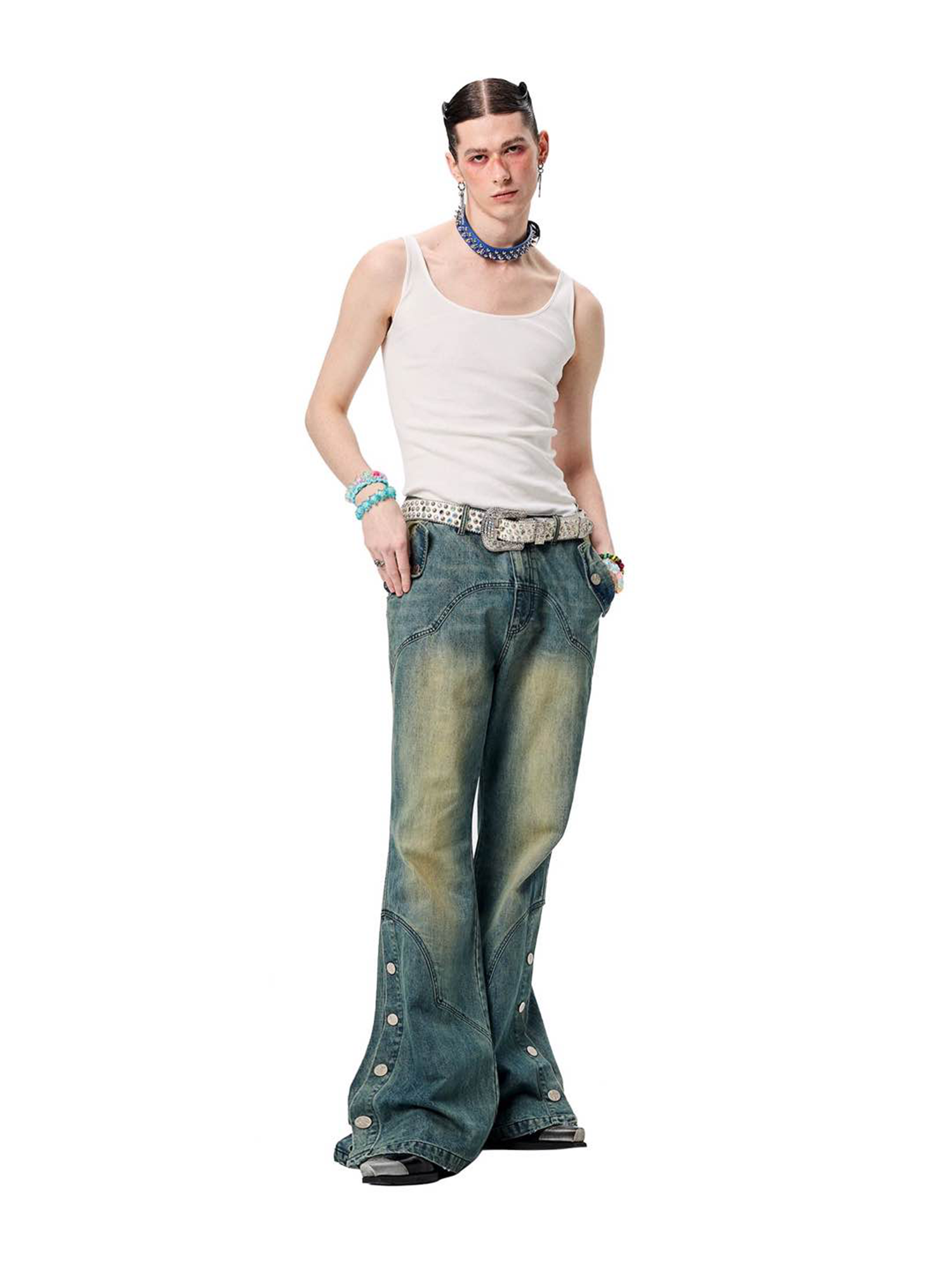 ERISSTOFF Washed Detachable Flared Jeans Blue
