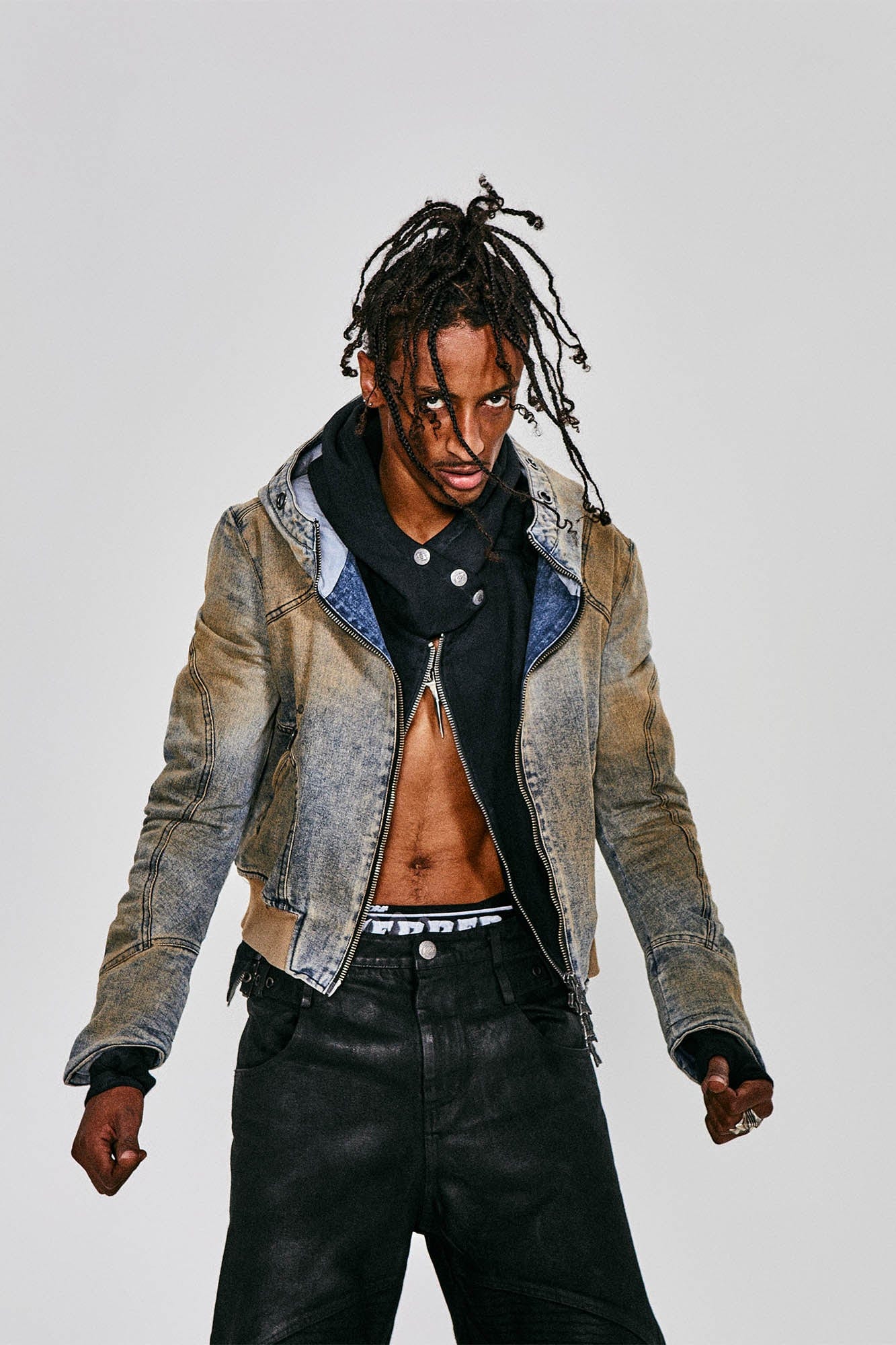 FLYERRER Distressed Spliced Studded Hooded Short Denim Jacket, premium urban and streetwear designers apparel on PROJECTISR.com, FLYERRER