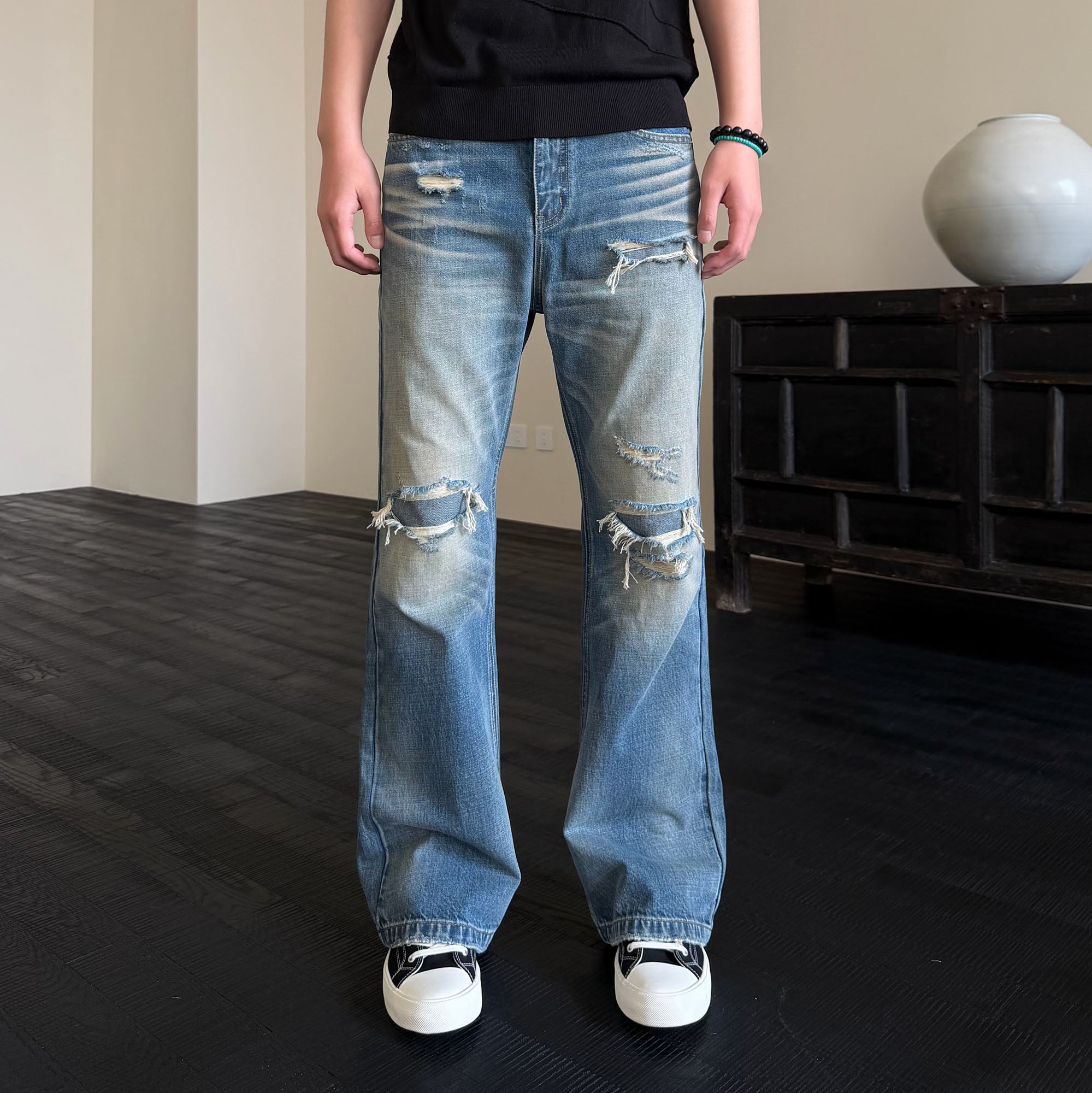 KREATE Double-Layer Distressed Straight-Leg Jeans, premium urban and streetwear designers apparel on PROJECTISR.com, KREATE