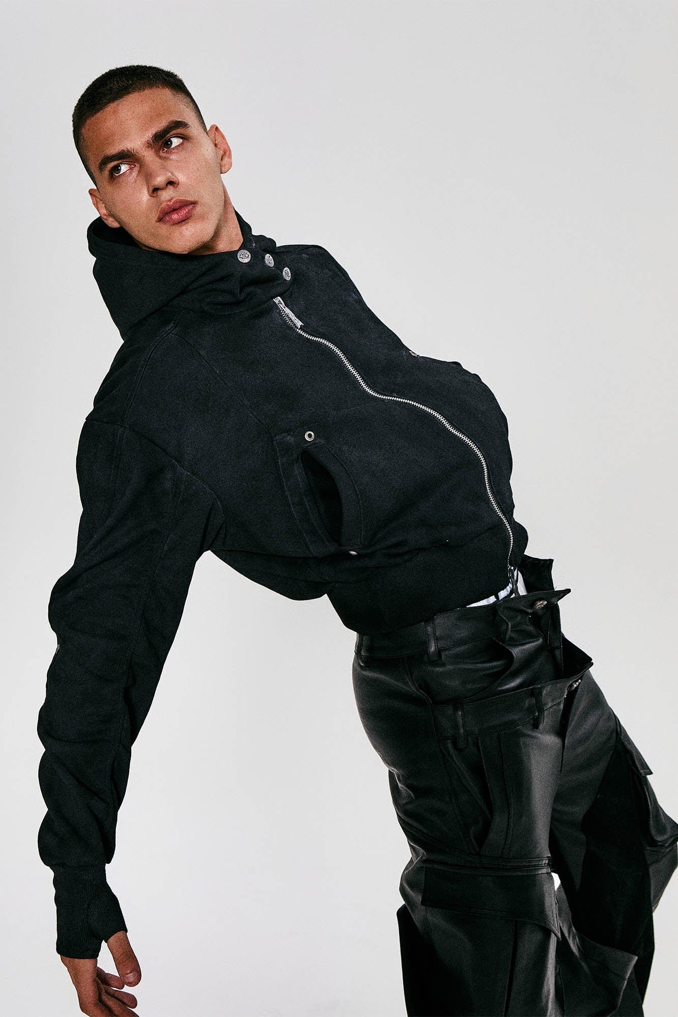 FLYERRER Grommet Spliced Zip-Up Cropped Hoodie, premium urban and streetwear designers apparel on PROJECTISR.com, FLYERRER