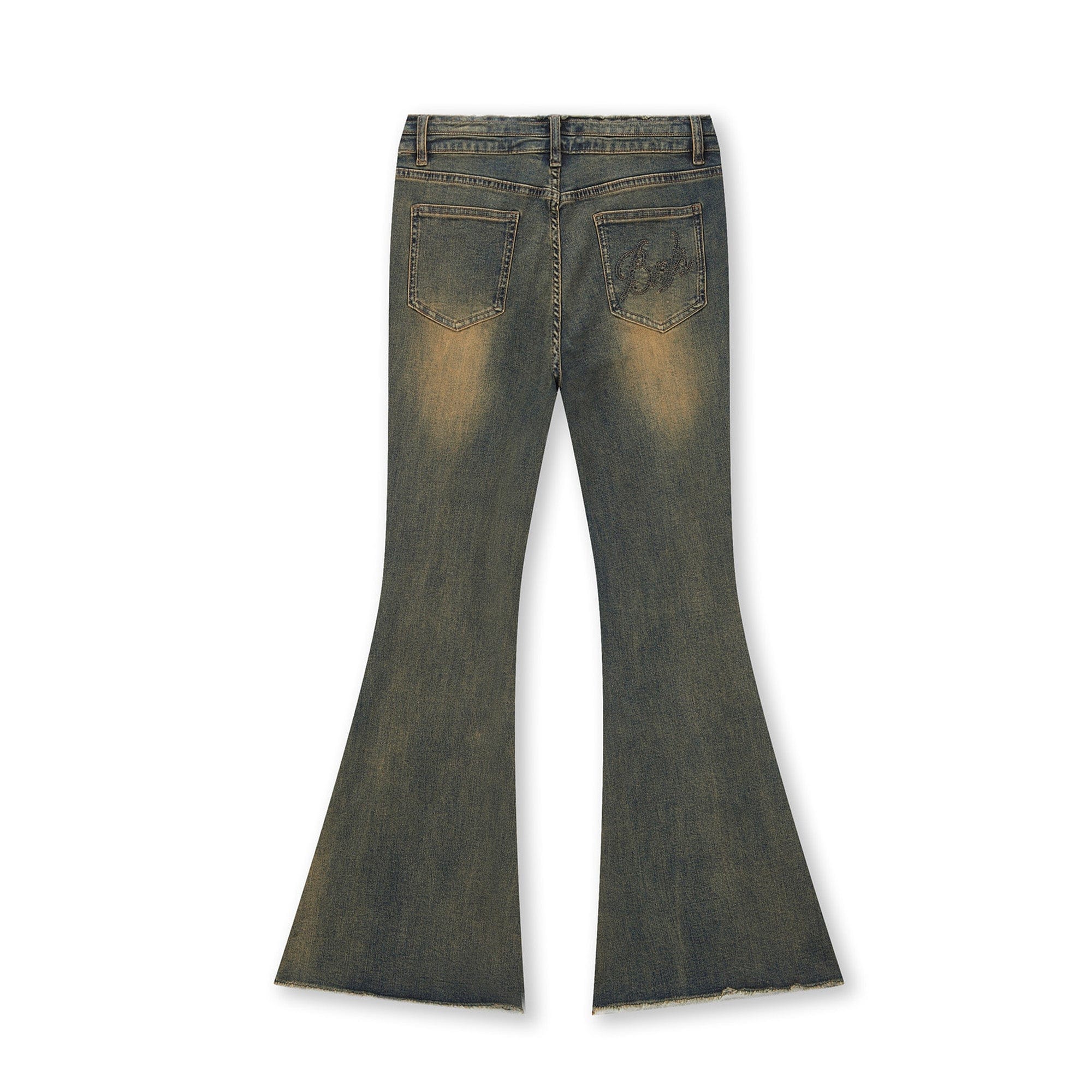 BONELESS Washed Frayed Hem Flared Jeans