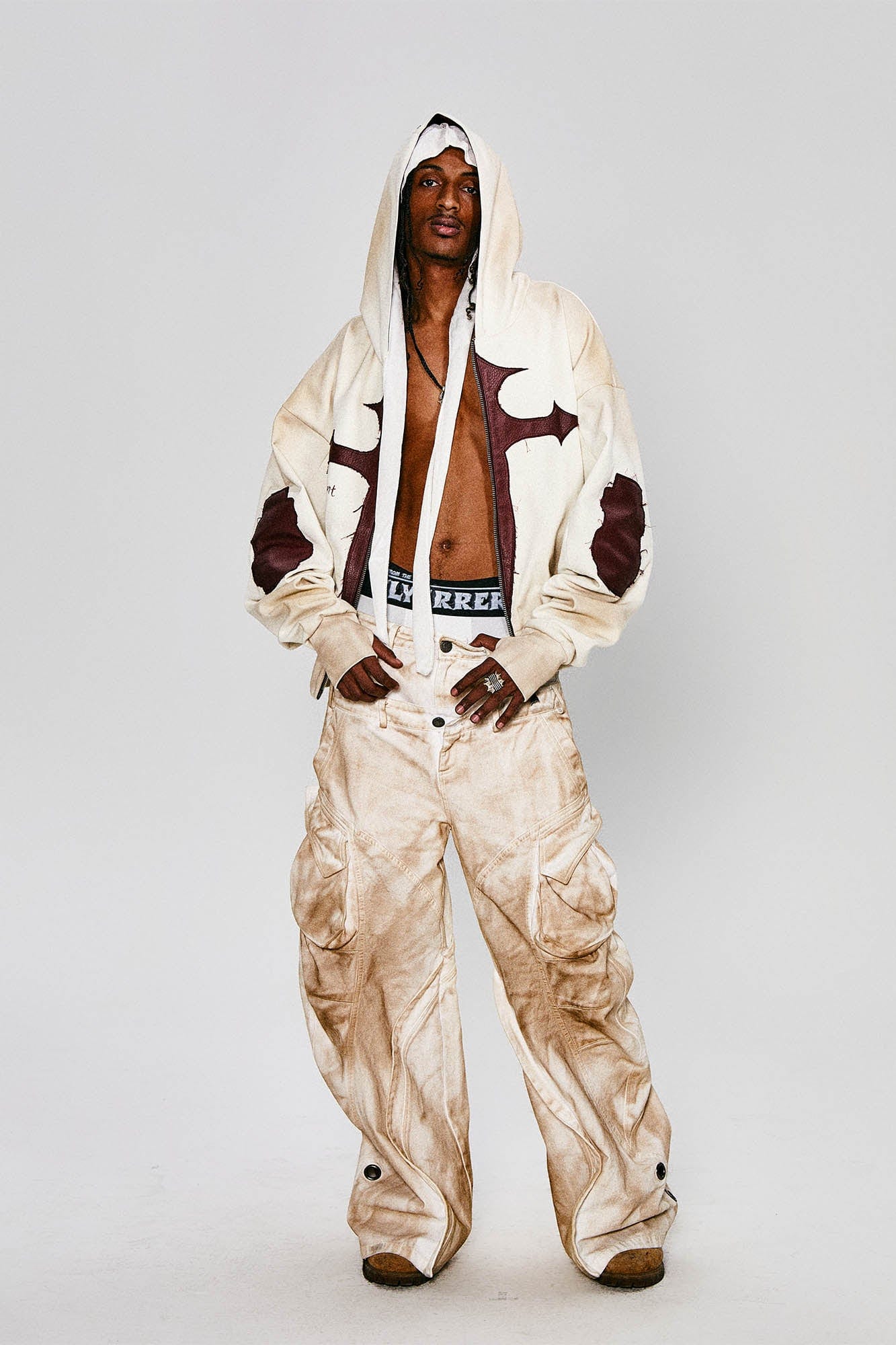 FLYERRER Distressed Cross Patch Studded Hooded Jacket, premium urban and streetwear designers apparel on PROJECTISR.com, FLYERRER