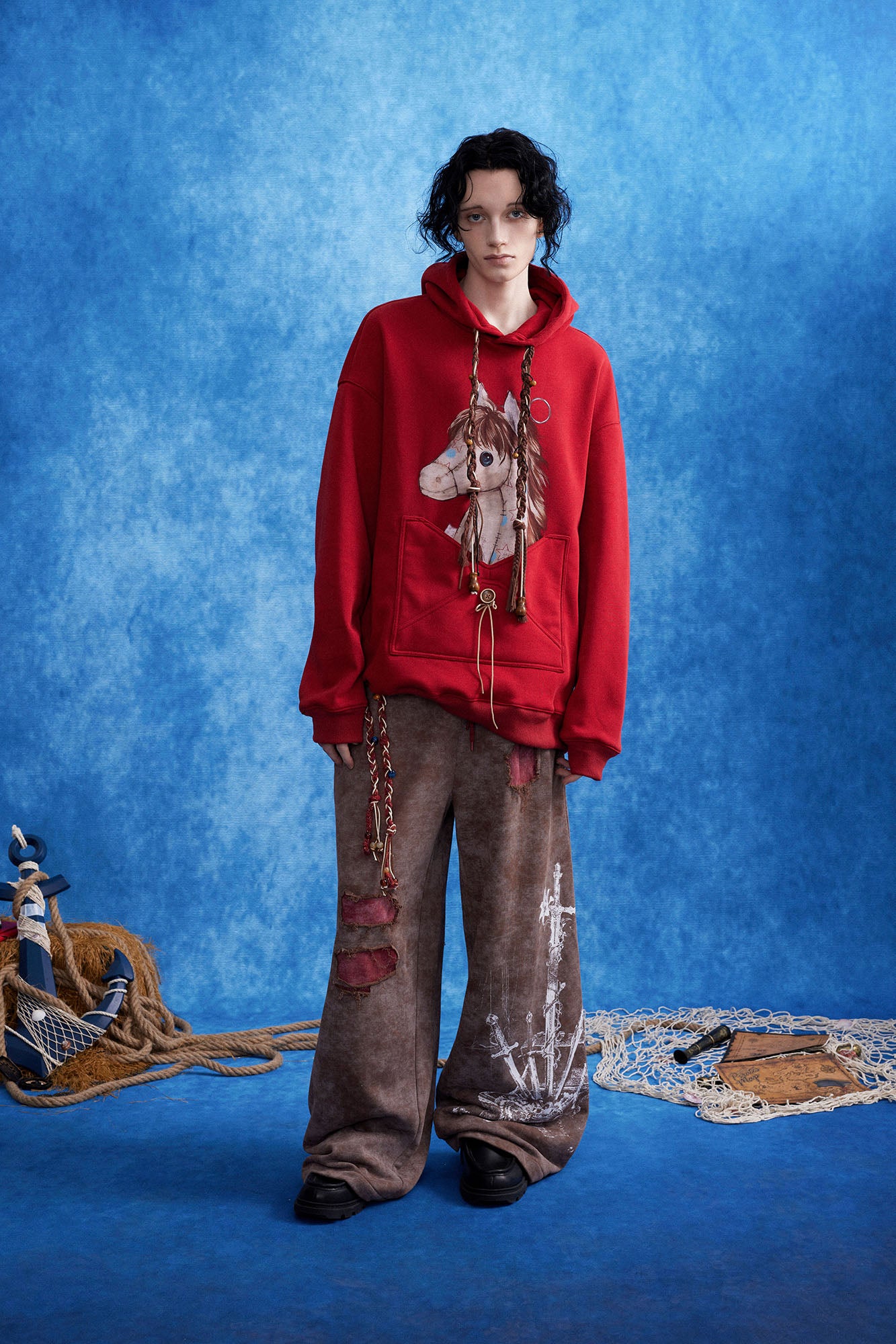 OIPWORD Distressed Ship Graphic Double-Waist Pants