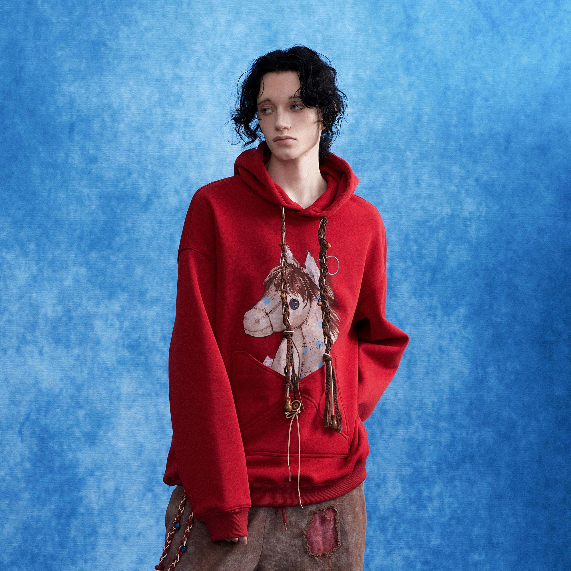 OIPWORD Envelope Pocket Pony Graphic Hoodie