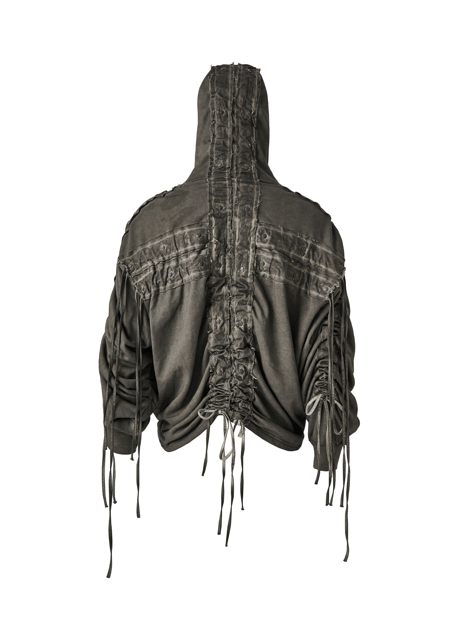 FLYERRER Distressed Drawstring Ruched Hooded Jacket, premium urban and streetwear designers apparel on PROJECTISR.com, FLYERRER