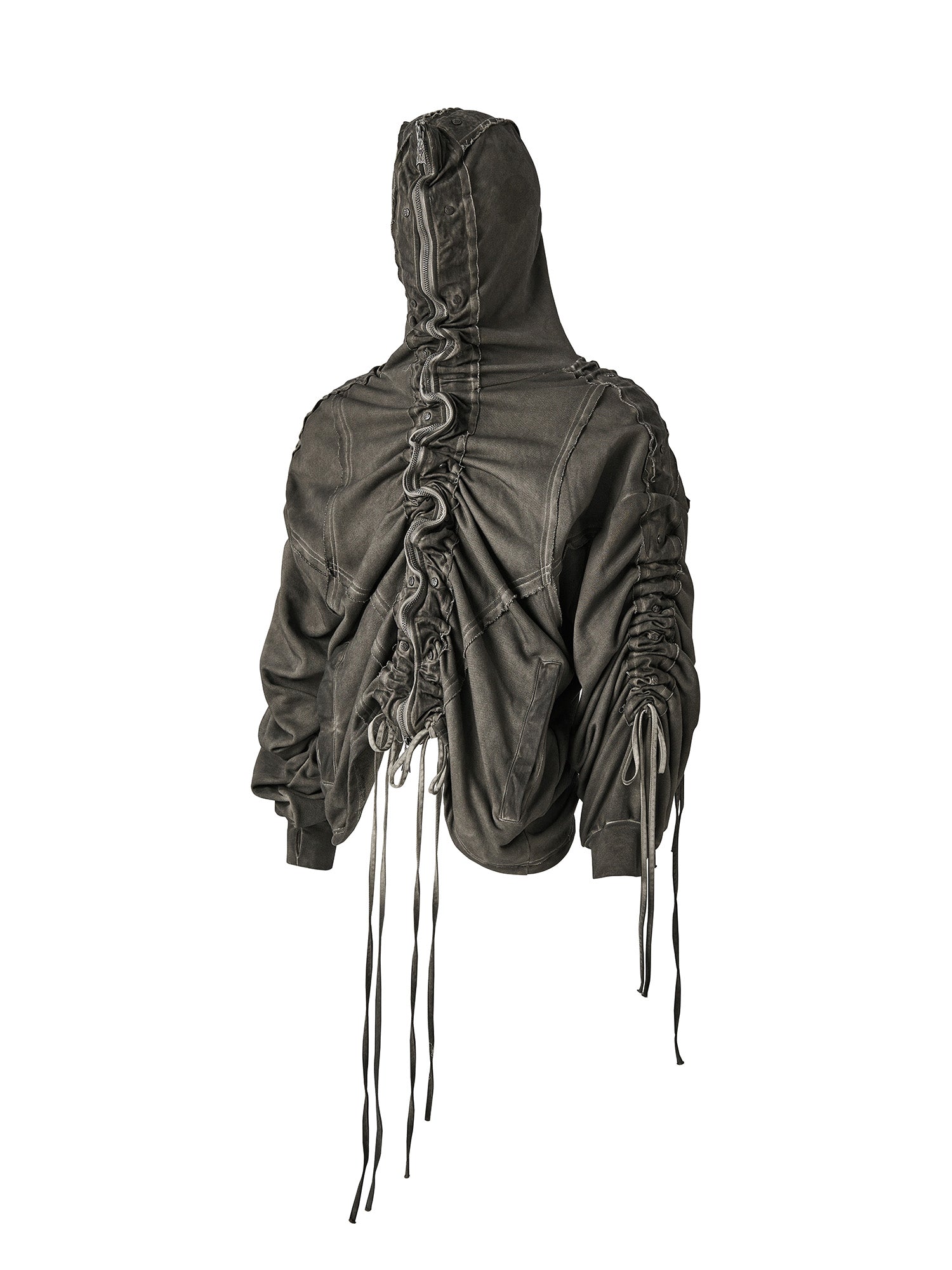 FLYERRER Distressed Drawstring Ruched Hooded Jacket, premium urban and streetwear designers apparel on PROJECTISR.com, FLYERRER