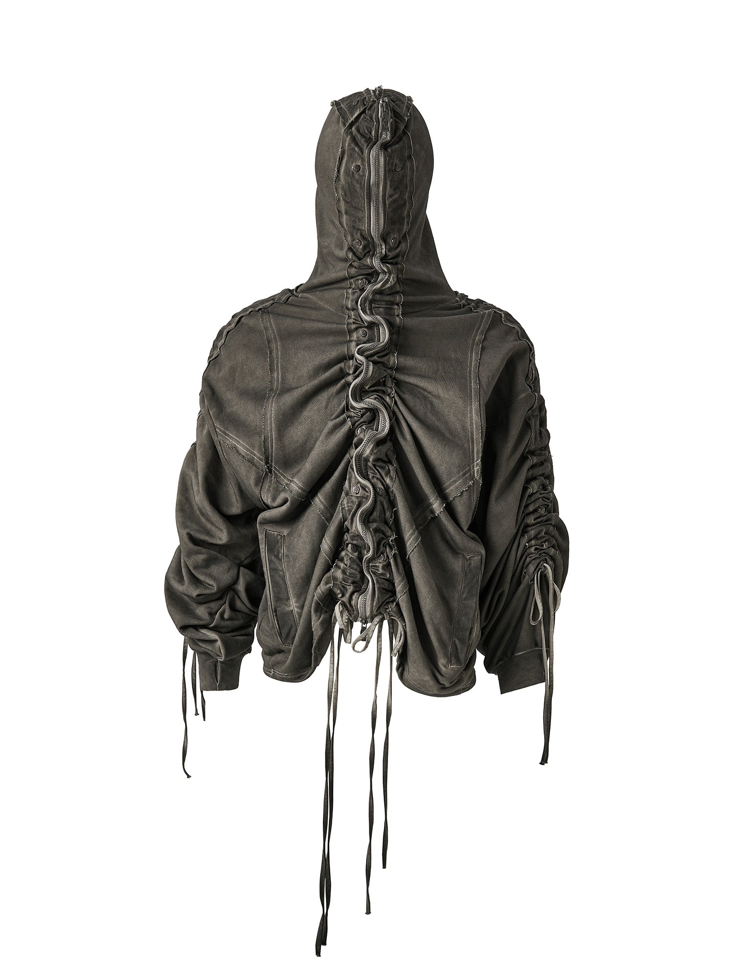 FLYERRER Distressed Drawstring Ruched Hooded Jacket, premium urban and streetwear designers apparel on PROJECTISR.com, FLYERRER