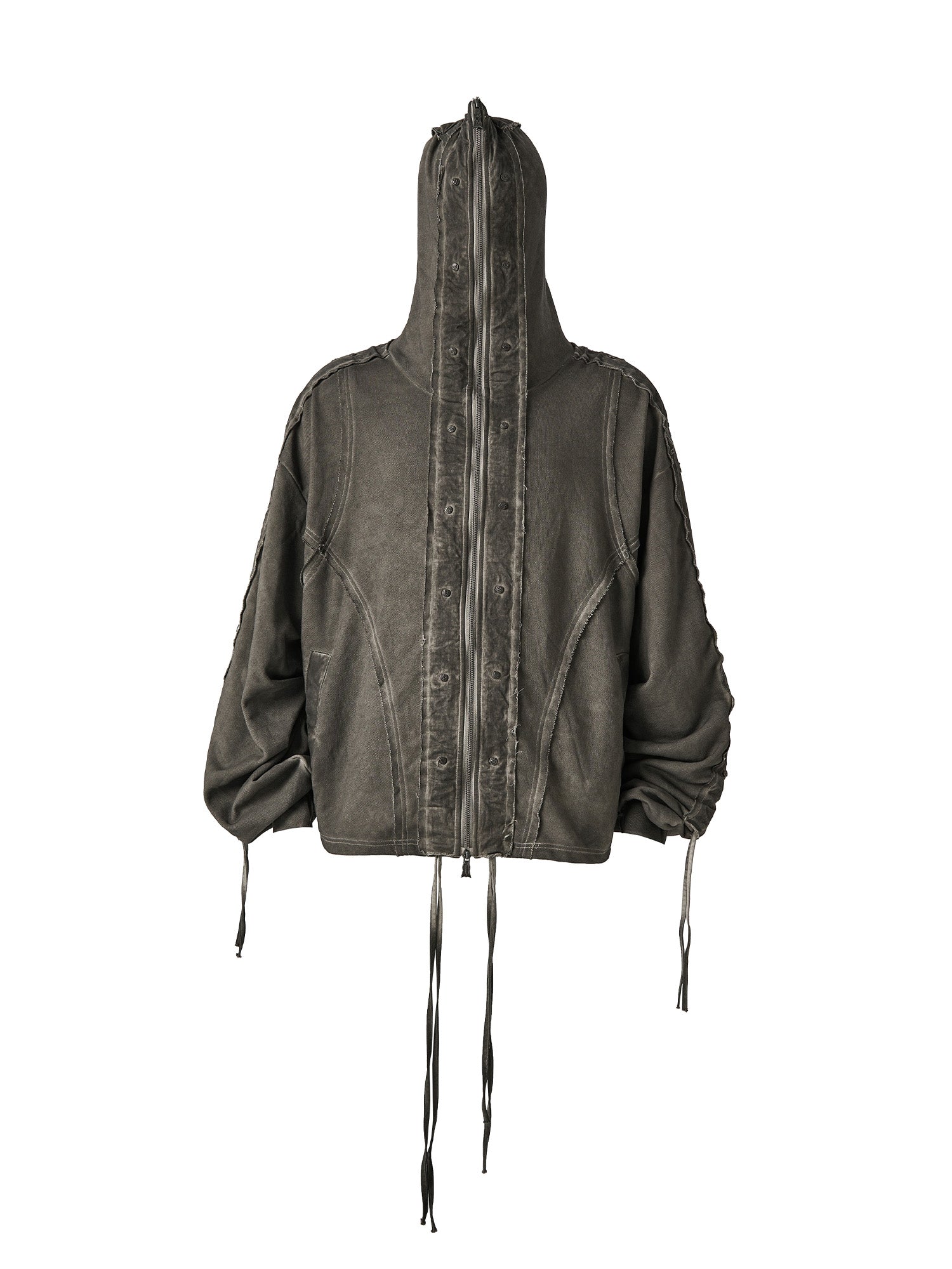 FLYERRER Distressed Drawstring Ruched Hooded Jacket, premium urban and streetwear designers apparel on PROJECTISR.com, FLYERRER